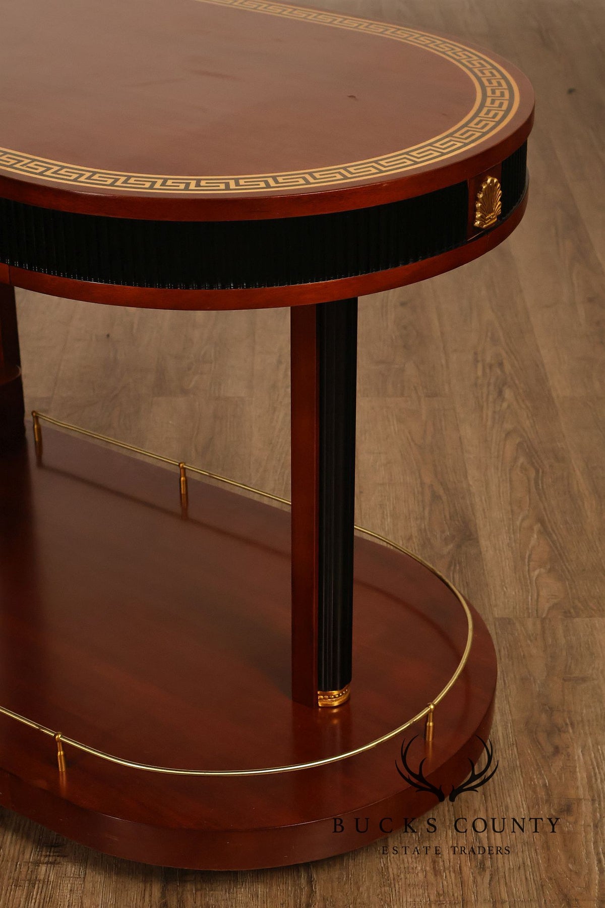 Neoclassical Style Mahogany And Ebonized Bar Cart With Greek Key Inlay And Brass Accents