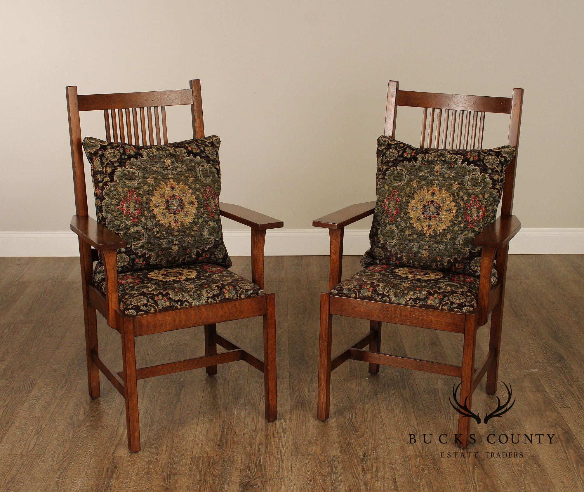 Stickley Mission Collection Pair of Oak Spindle Armchairs