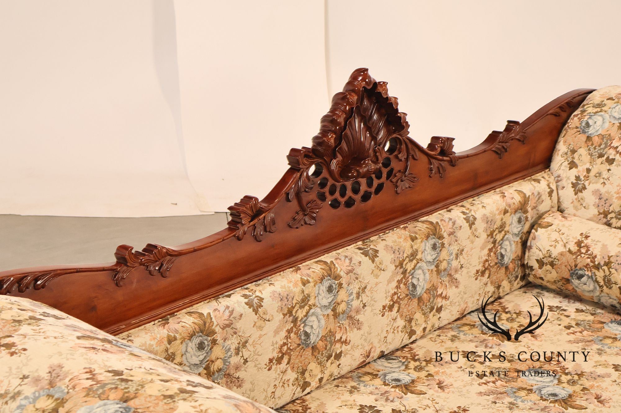 Victorian Style Carved Floral Upholstered Sofa