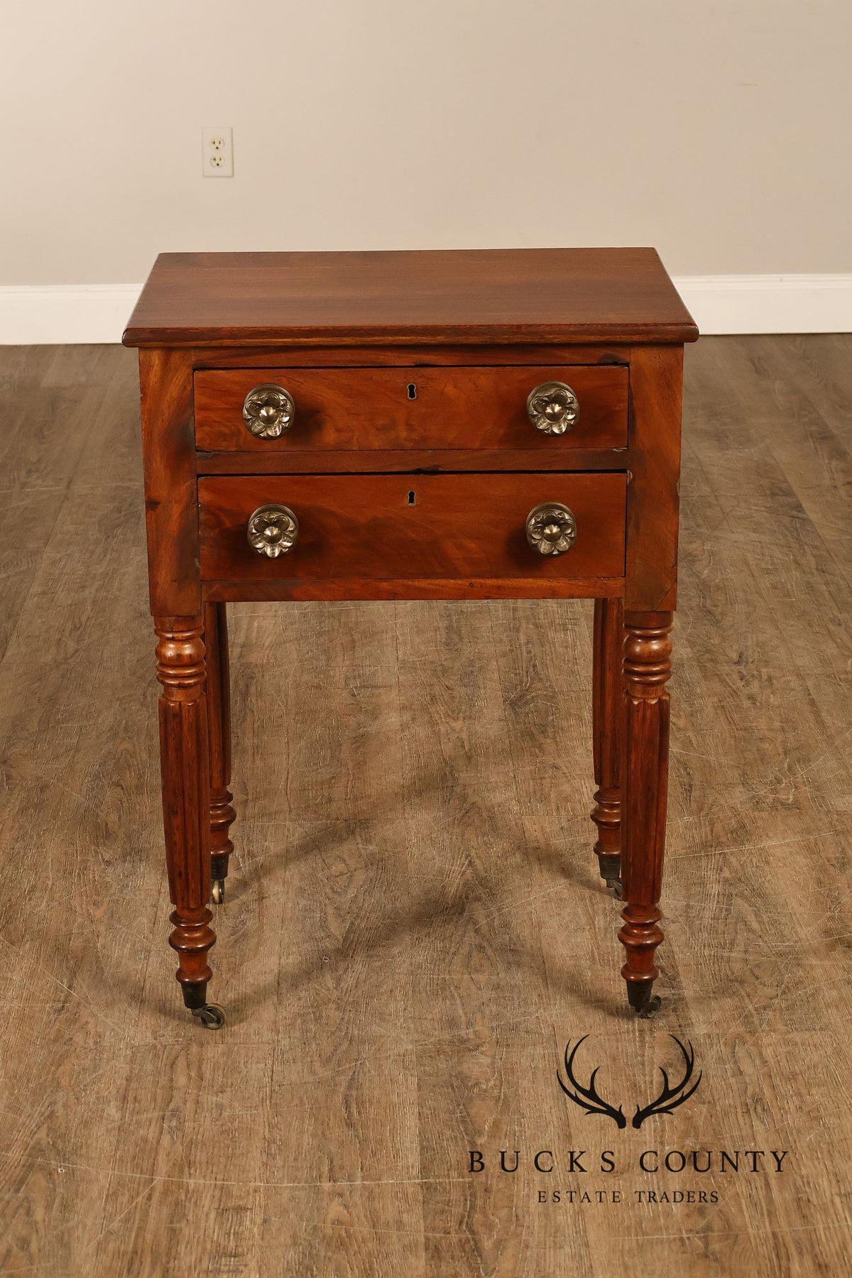 Antique American Sheraton Mahogany Two Drawer Work Table On Casters