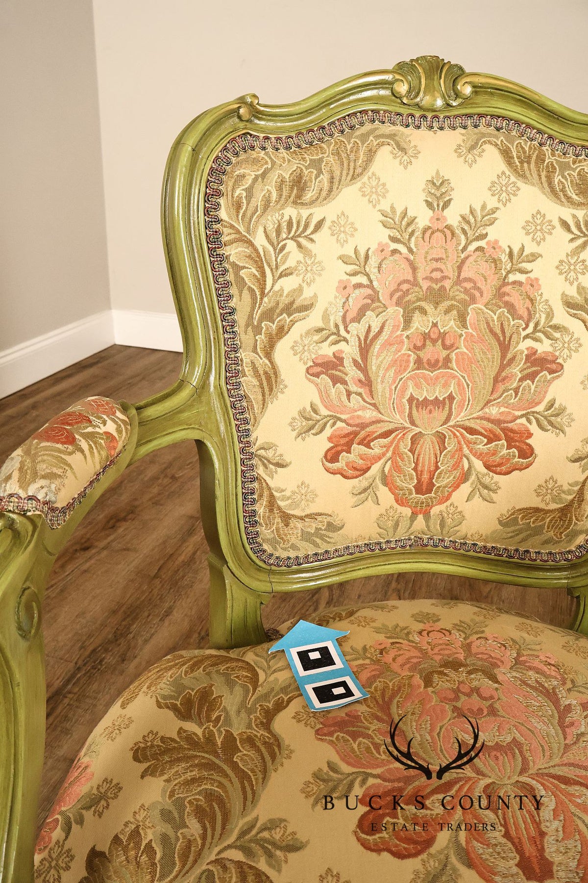 Vintage Louis XV Style Green Painted Floral Upholstered Armchair