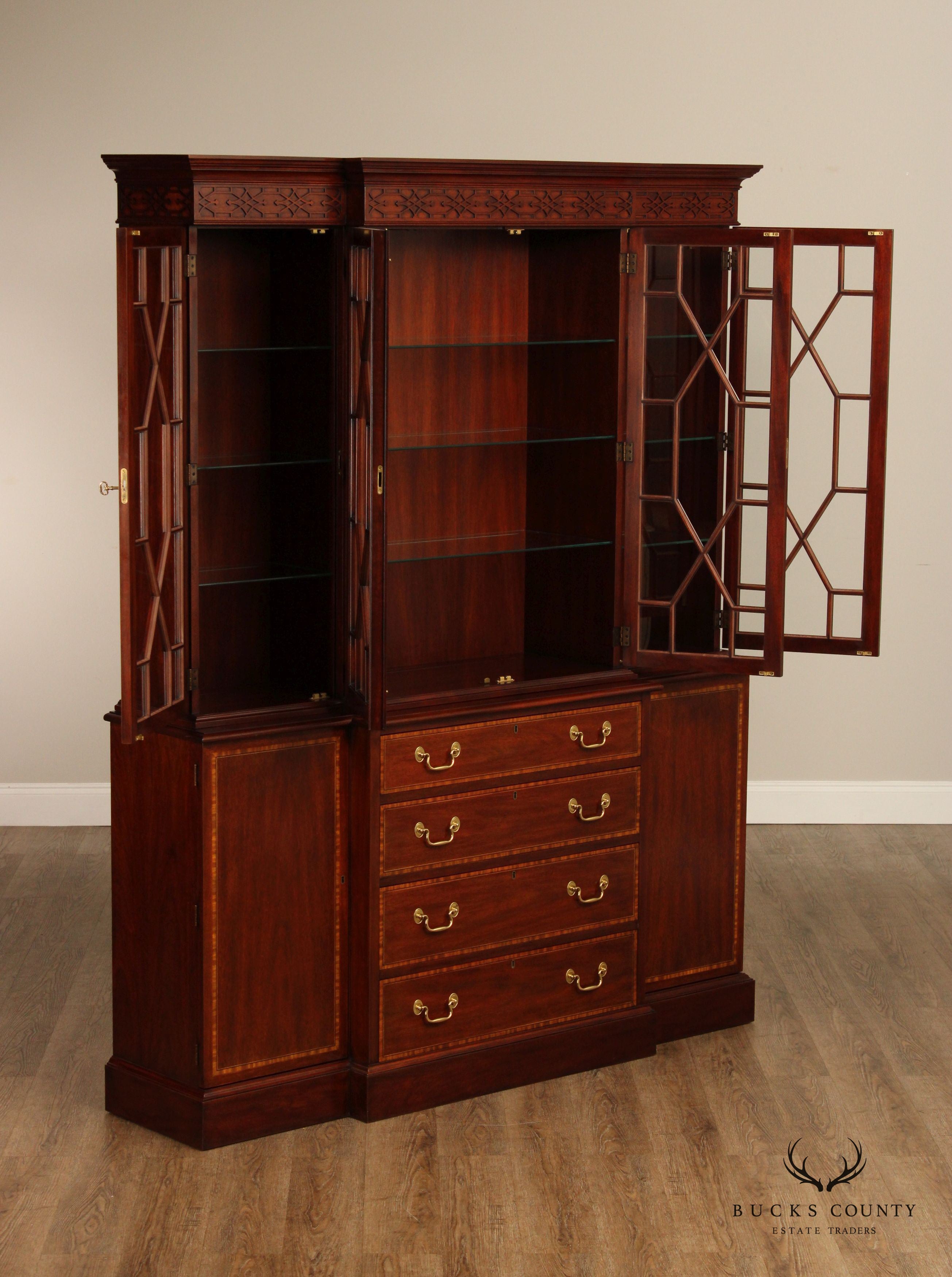 Henkel Harris Georgian Style Inlaid Mahogany Breakfront Bookcase