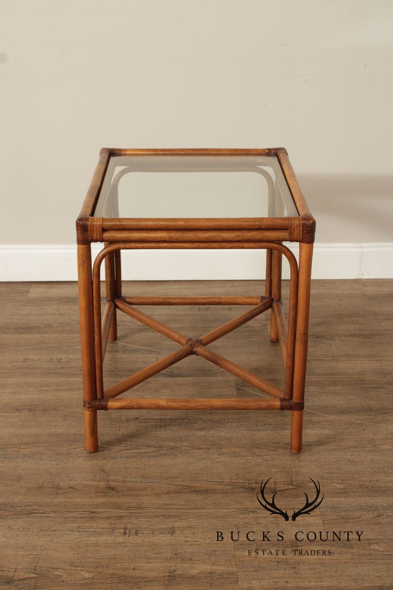 Hollywood Regency Pair of Glass Top Rattan Side Tables