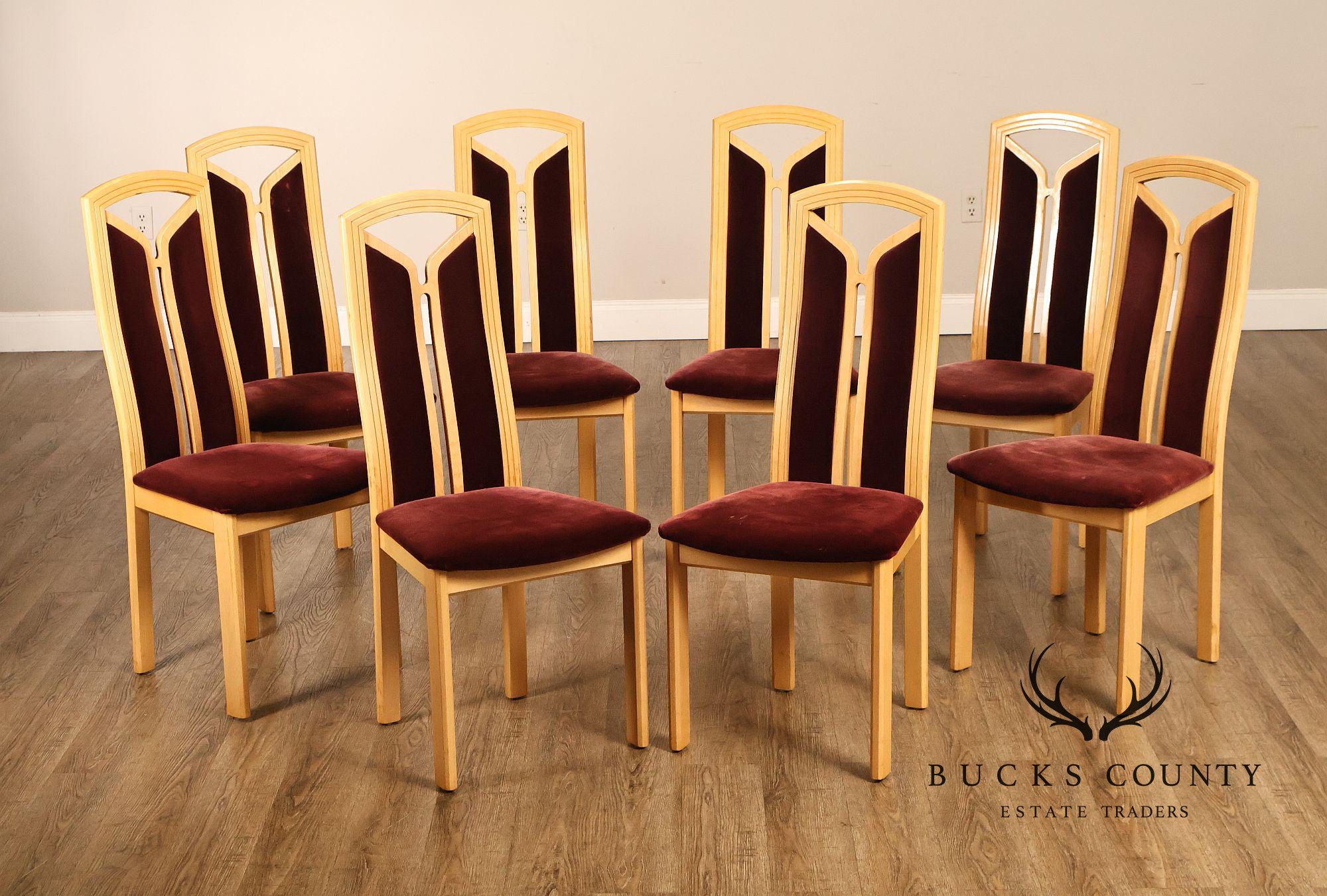 Tonon Set Of Eight Italian Light Wood Modern Dining Chairs With Burgundy Upholstery