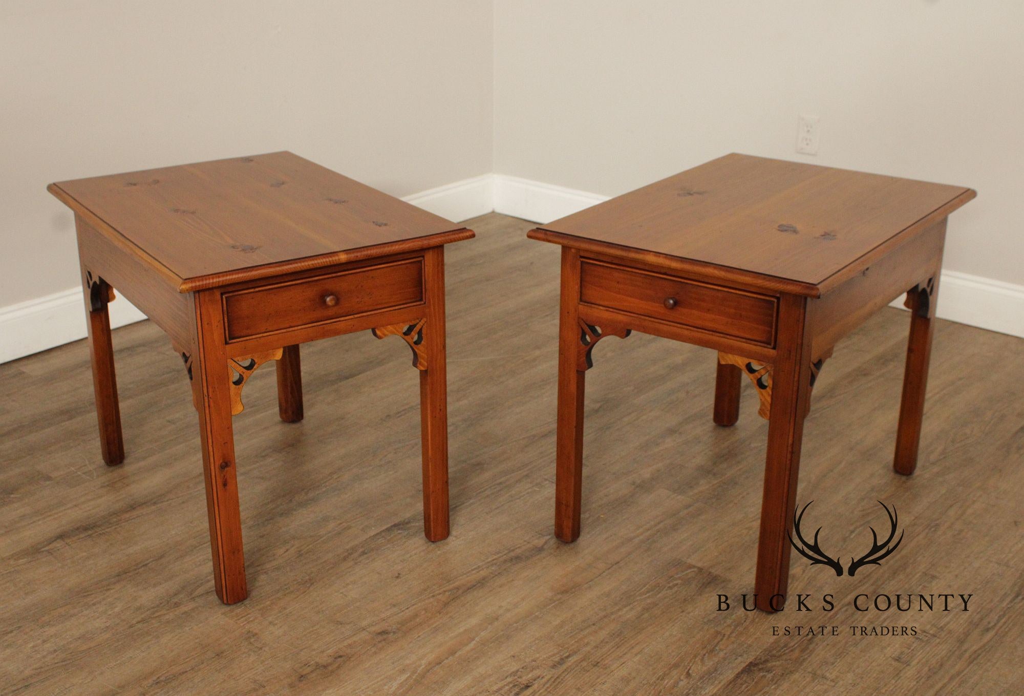 William Draper Chippendale Style Pair of Pine Side Tables