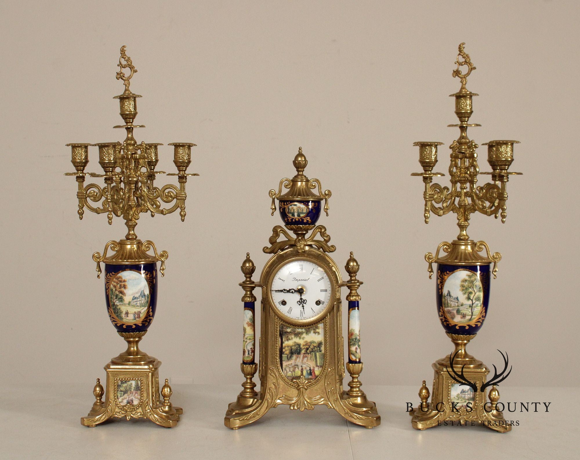 Imperial Italian Three-Piece Gilt Metal and Porcelain Garniture Set