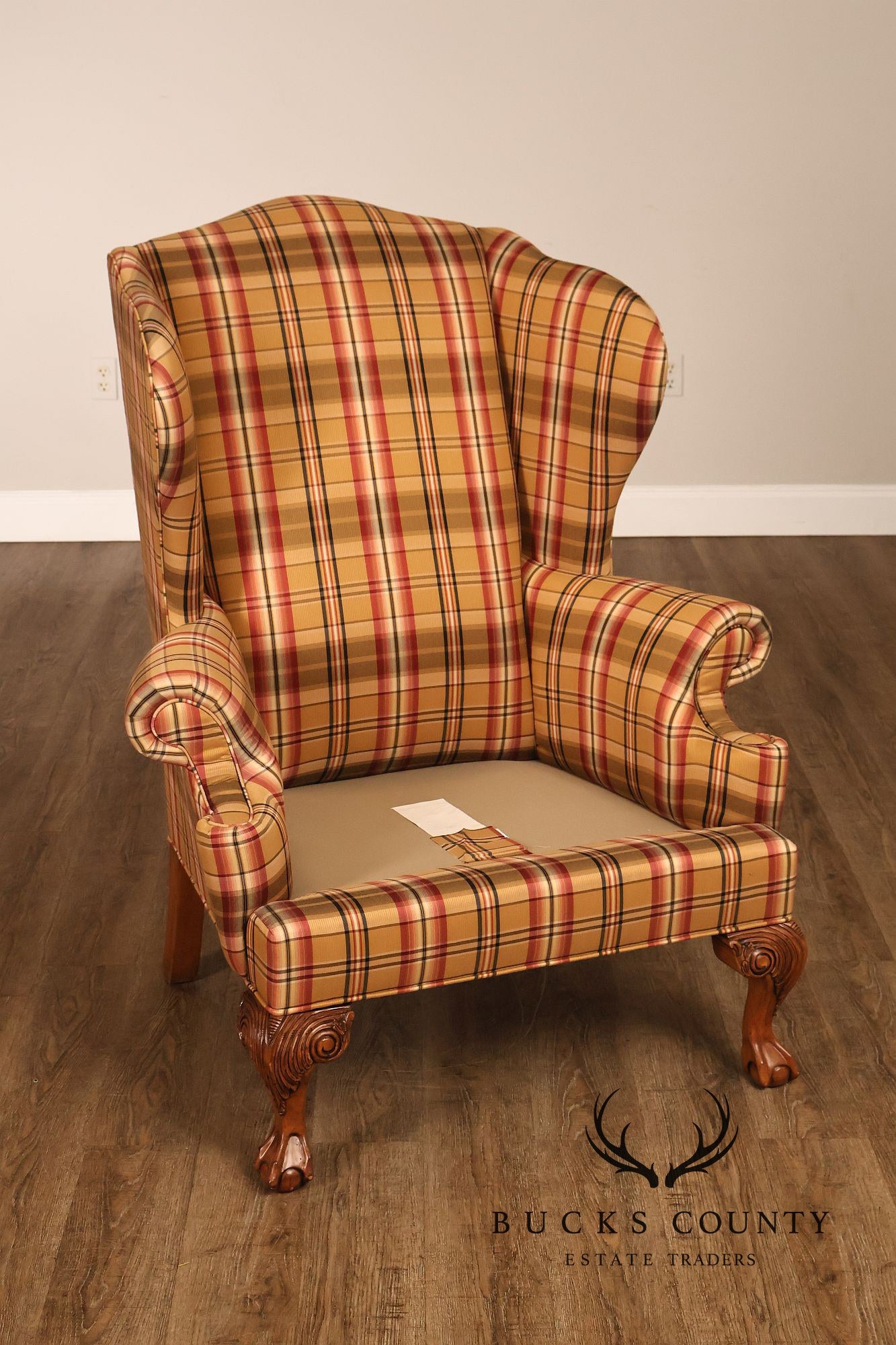 Ethan Allen Chippendale Style Plaid Upholstered Wing Chair