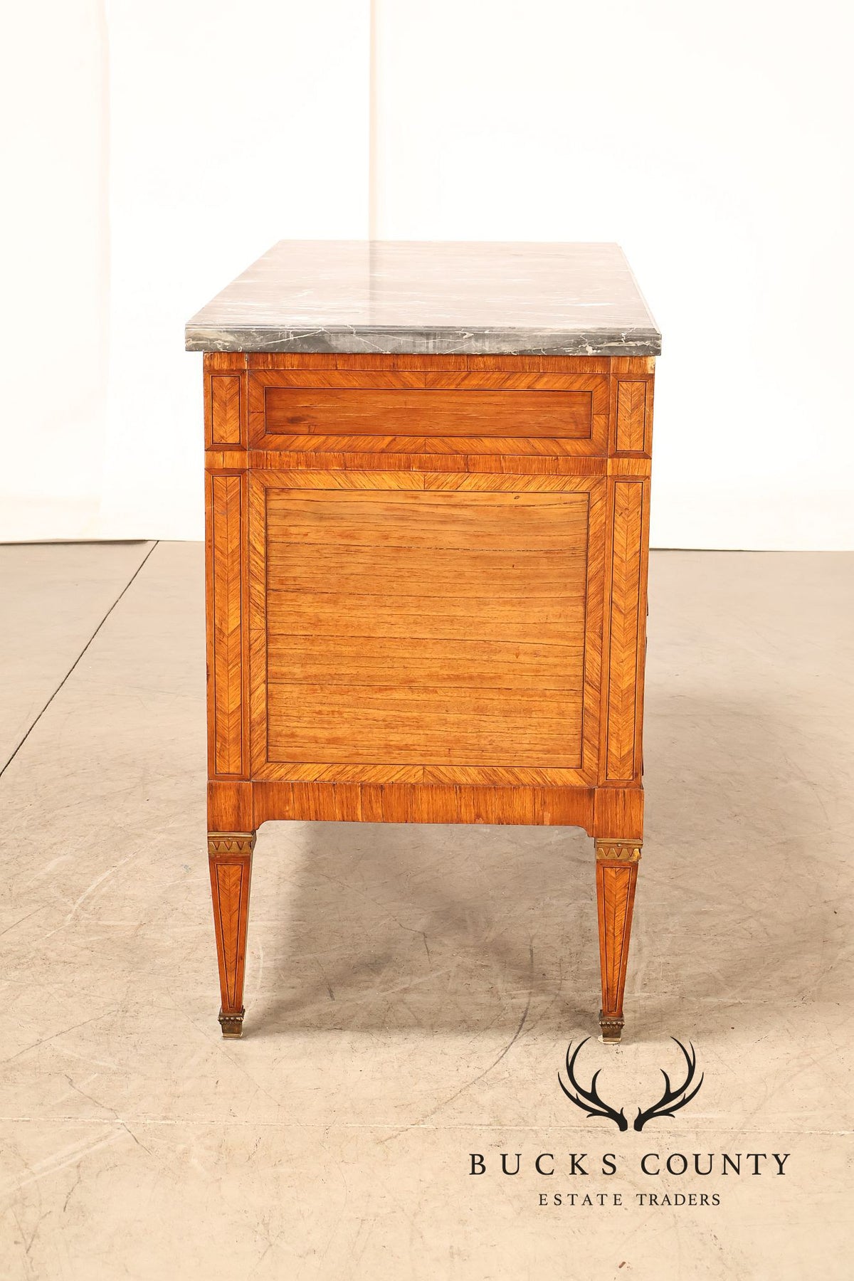 Antique French Neoclassical Marble Top Inlaid Three Drawer Chest