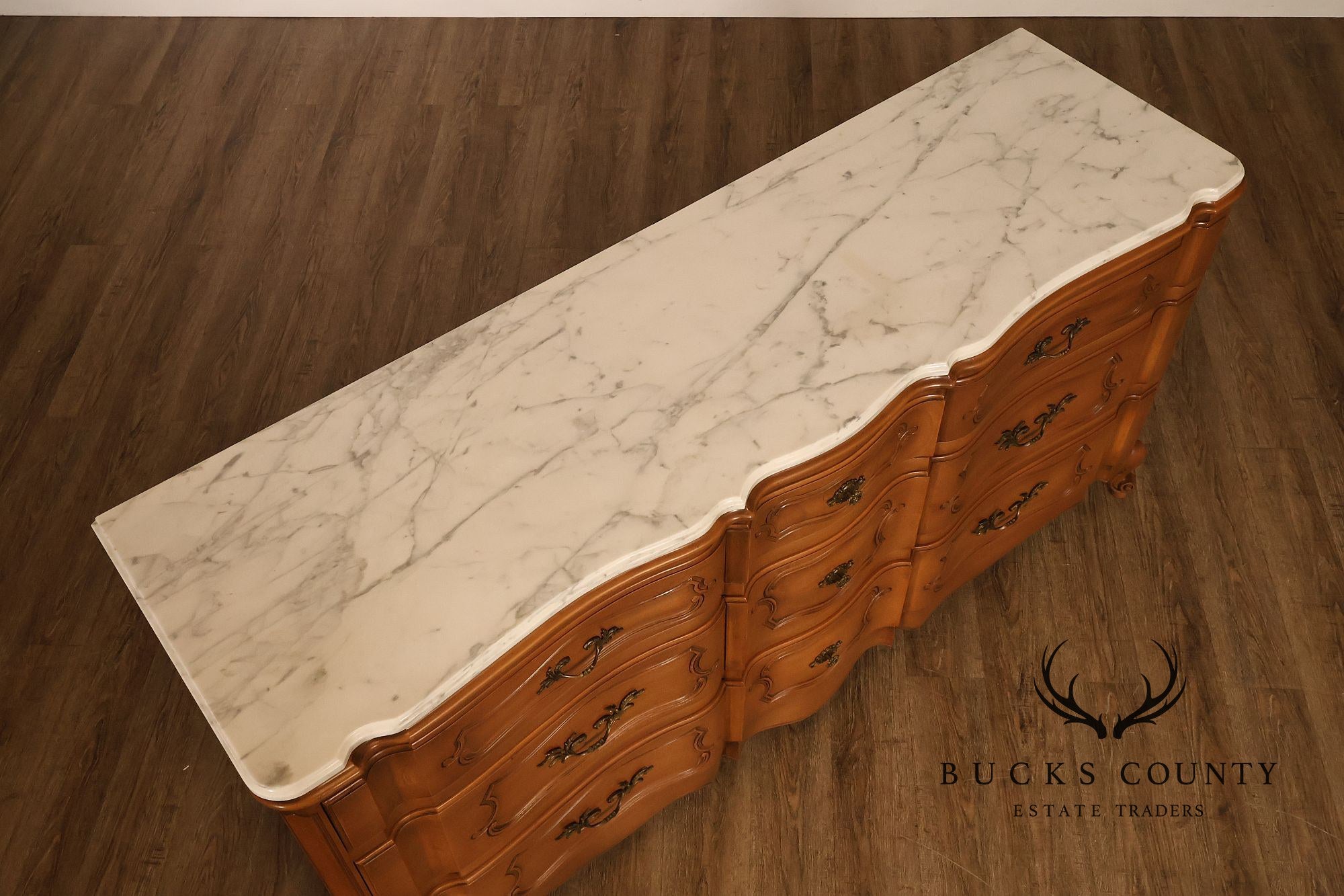 French Provincial Style Marble Top Nine Drawer Dresser