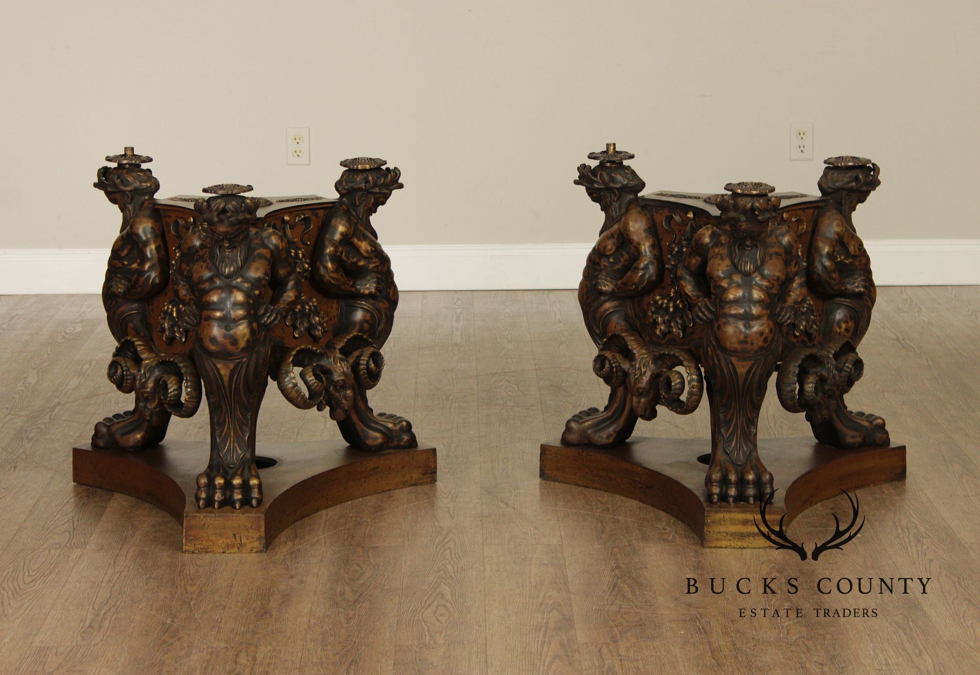 Antique Neoclassical Pair Of Mythological Figural Table Bases In Bronze