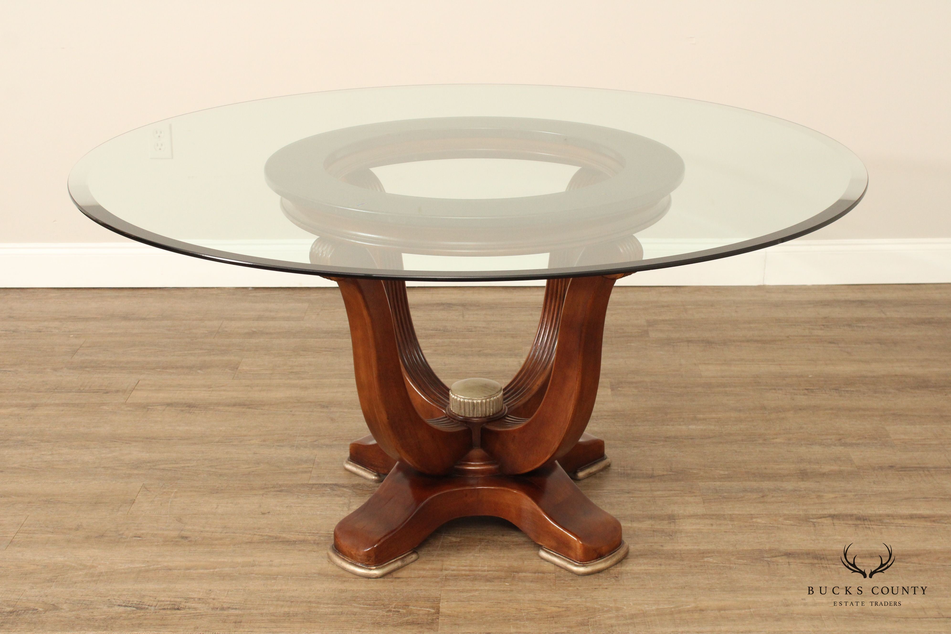 Modern Art Deco Style Round Glass Top Pedestal Dining Table