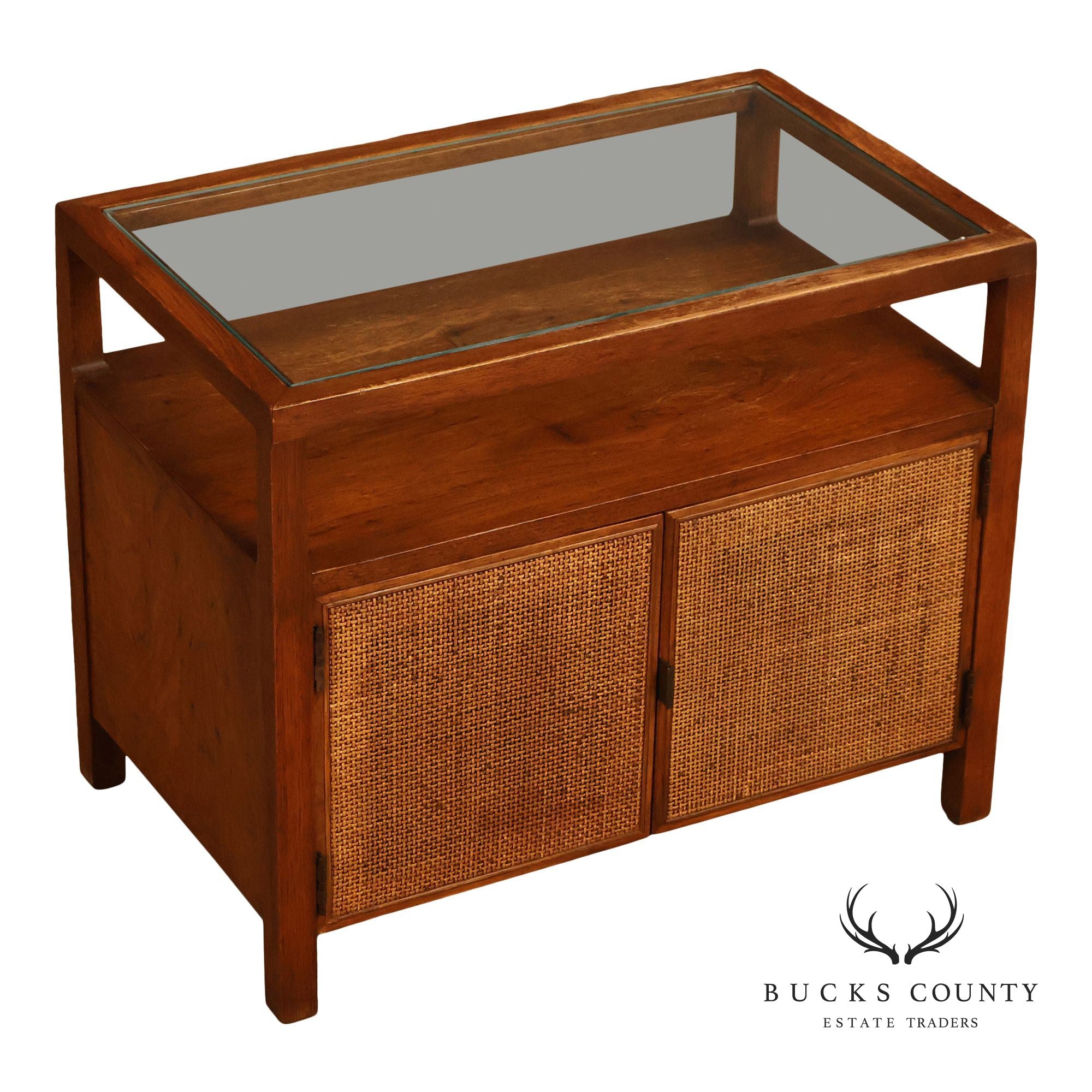 Mid-Century Modern Glass Top Walnut and Cane Side Cabinet