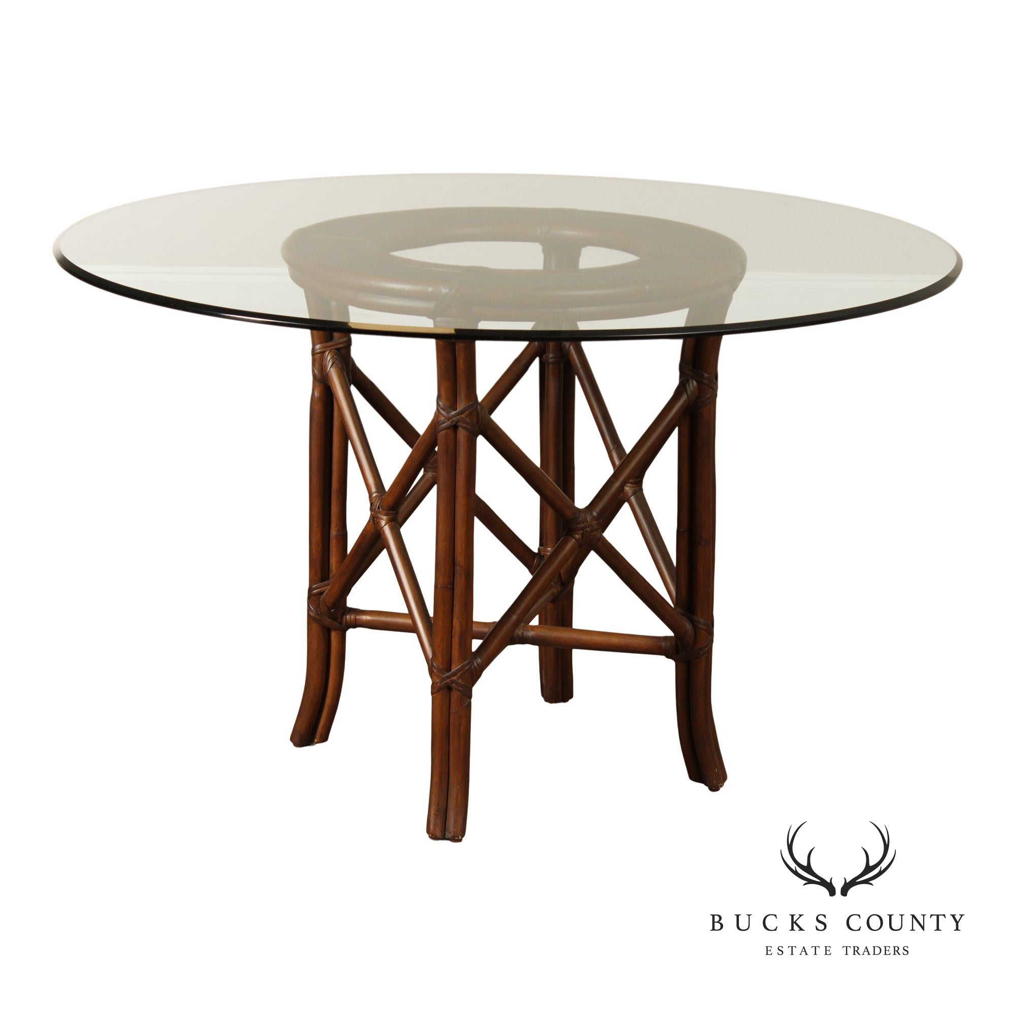 Hollywood Regency Round Glass Top Rattan Dining Table