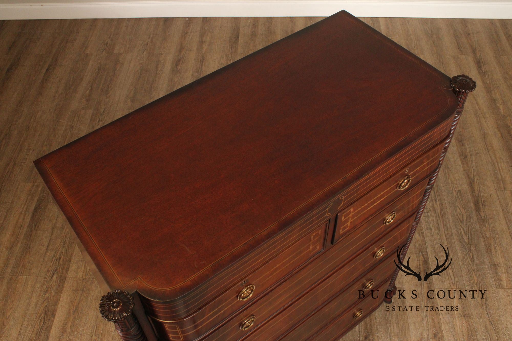 Edwardian Style Custom Mahogany Inlaid High Chest Of Drawers