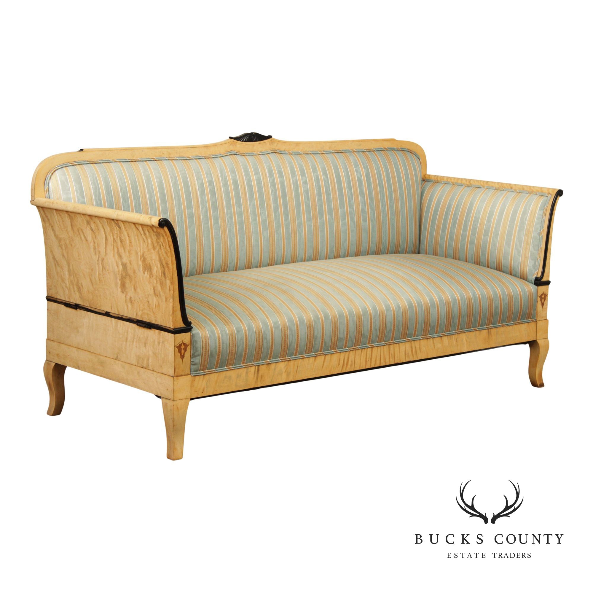 Antique Biedermeier Inlaid Flame Birch Sofa