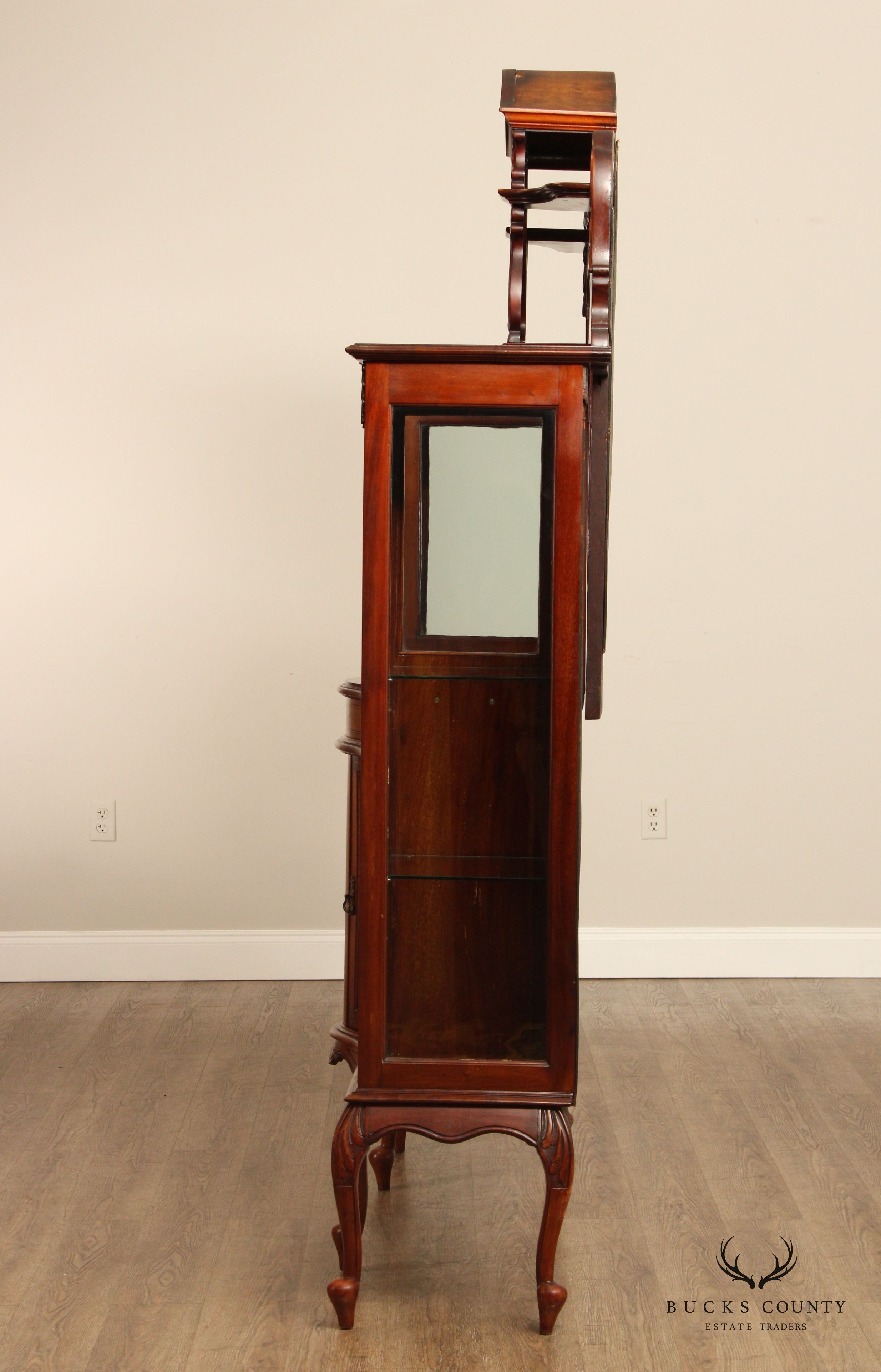 Antique Edwardian Mahogany Carved and Inlaid Double Display Etagere Cabinet