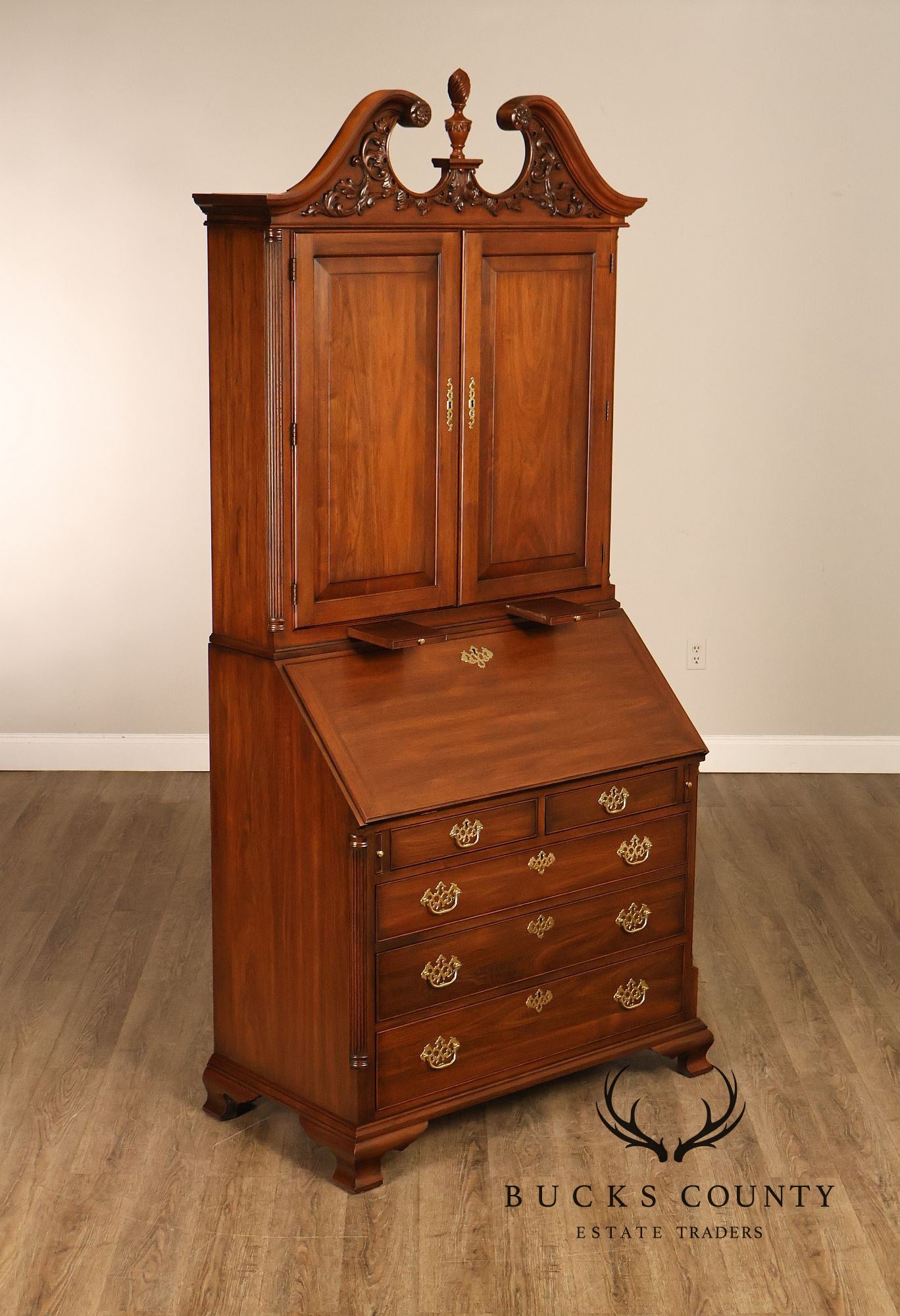 HENKEL HARRIS CHIPPENDALE STYLE TWO PART BLACK WALNUT BLIND DOOR SECRETARY DESK