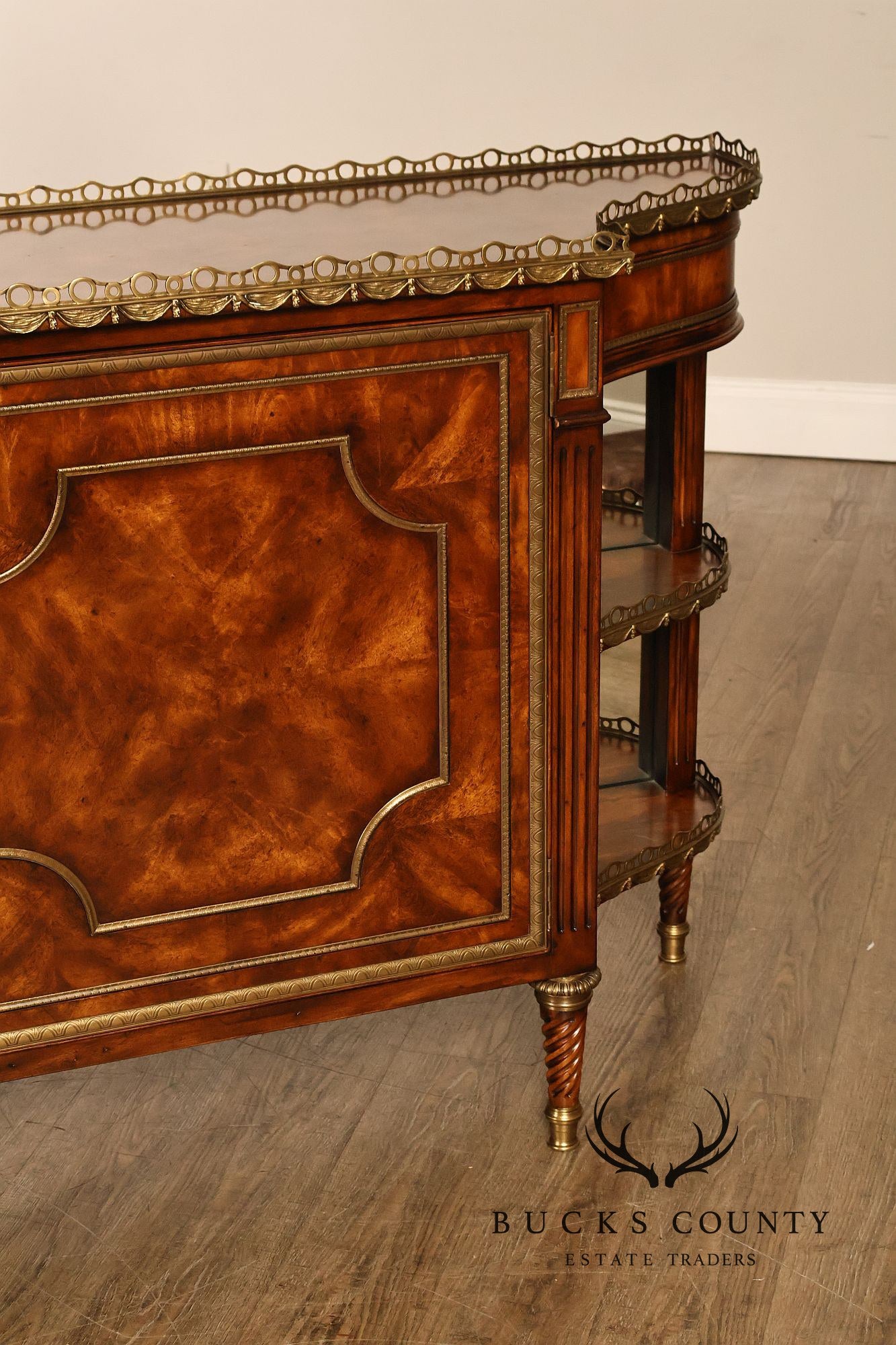 Theodore Alexander French Louis XVI Style Burl Wood Brass Mounted Gallery Top Pair Of Side Cabinets