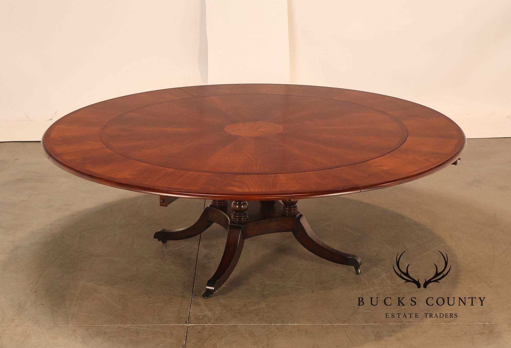Theodore Alexander Regency Style Mahogany Round Dining Table With Expandable 4 Leaves