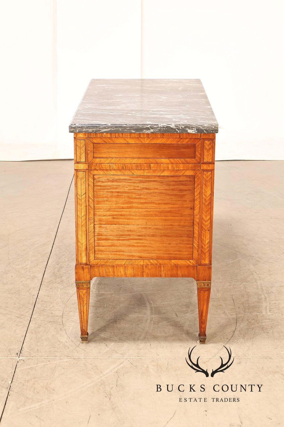 Antique French Neoclassical Marble Top Inlaid Three Drawer Chest