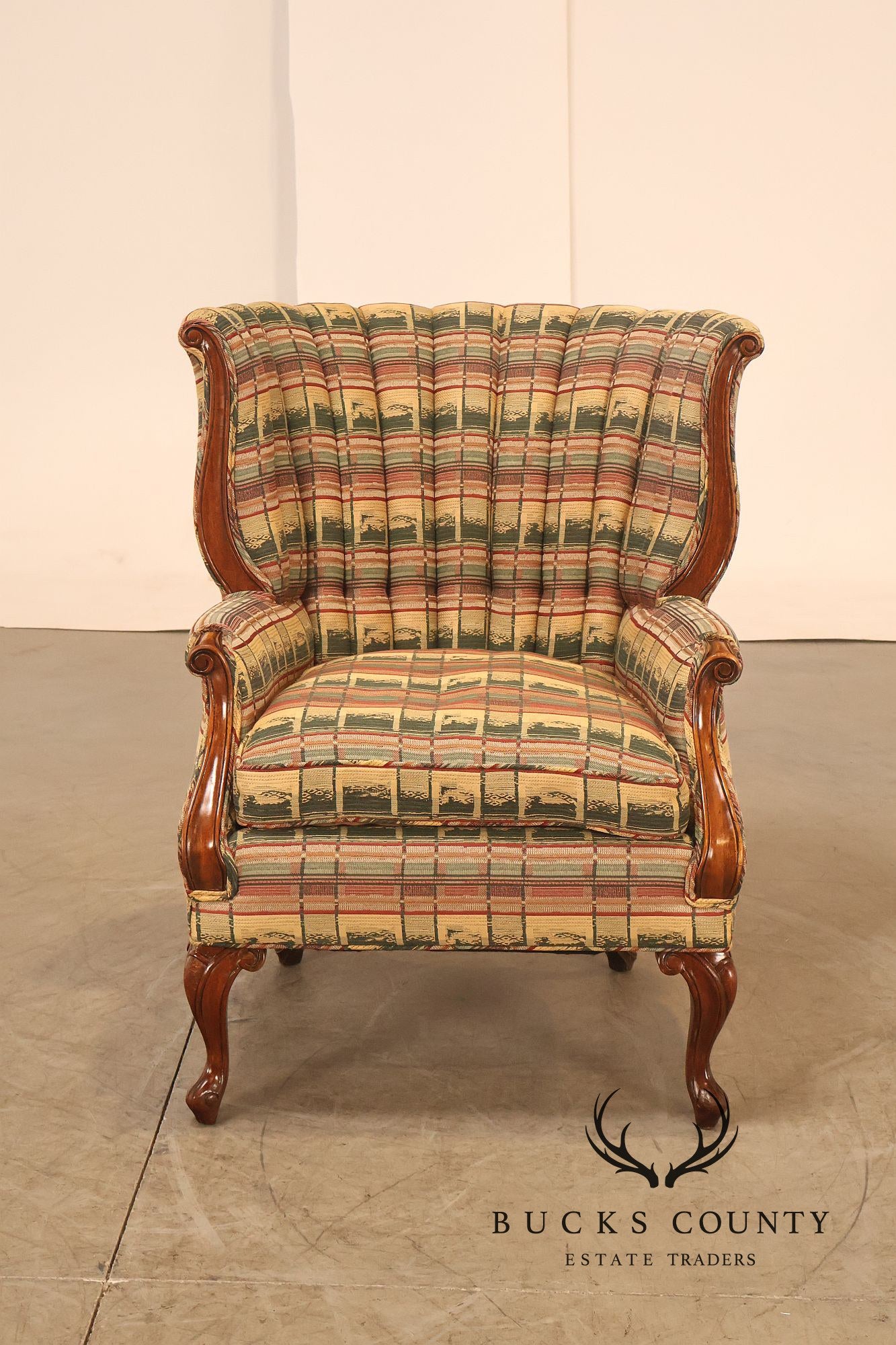 Vintage Channel Back Carved Frame Wingback Armchair