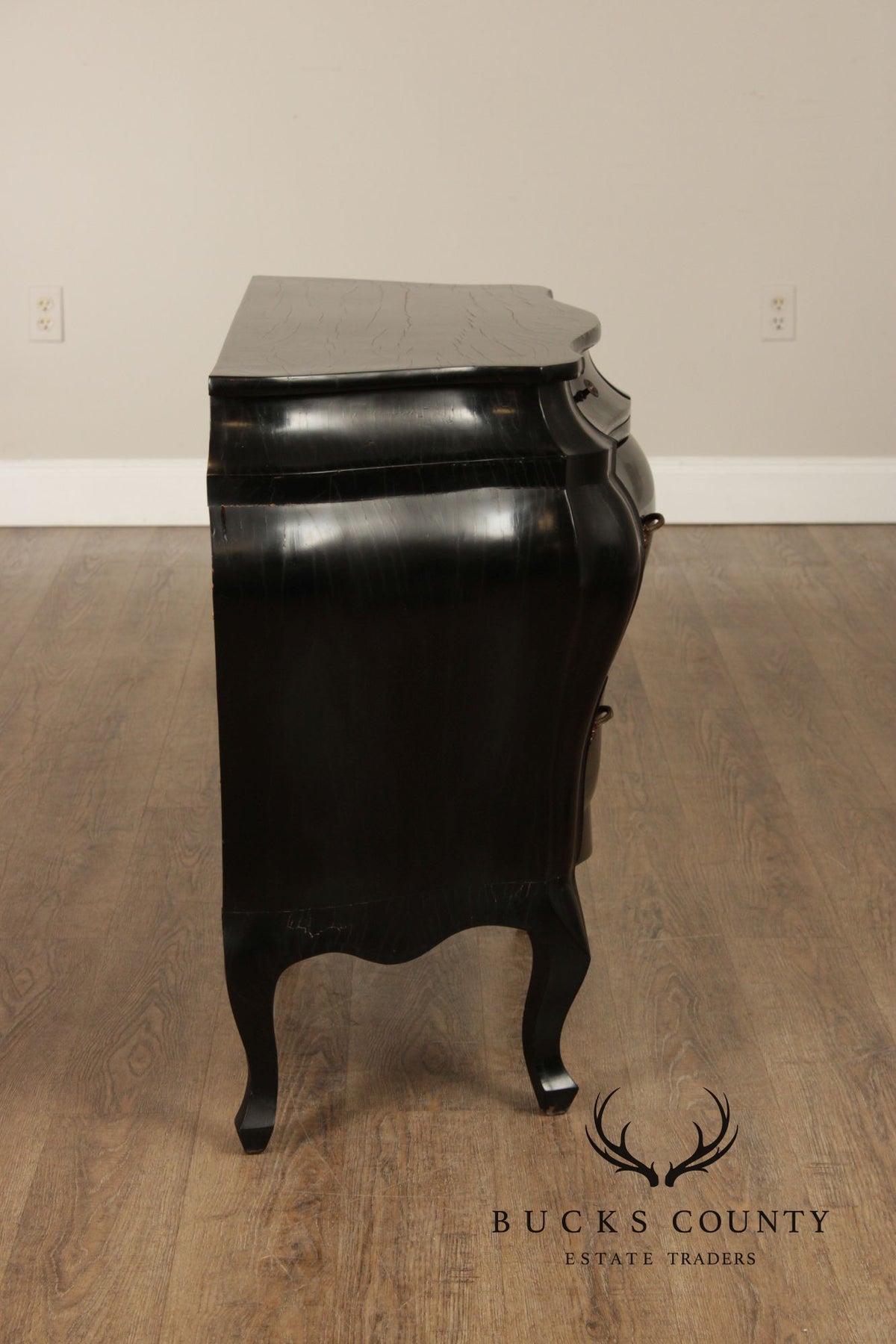 Vintage Italian Rococo Style Ebonized Olive Wood Bombe Chest
