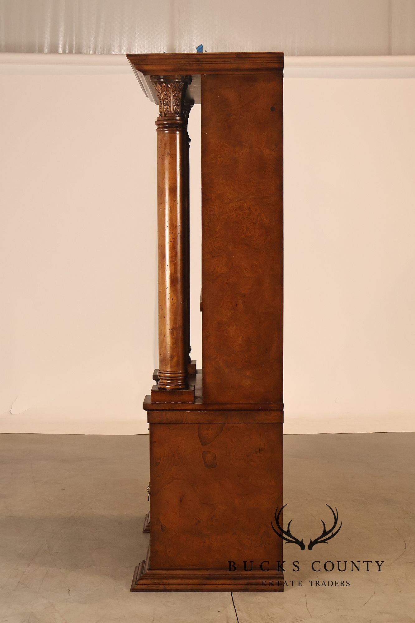 Large Classical Style Burl Wood Open Bookcase With Corinthian Columns