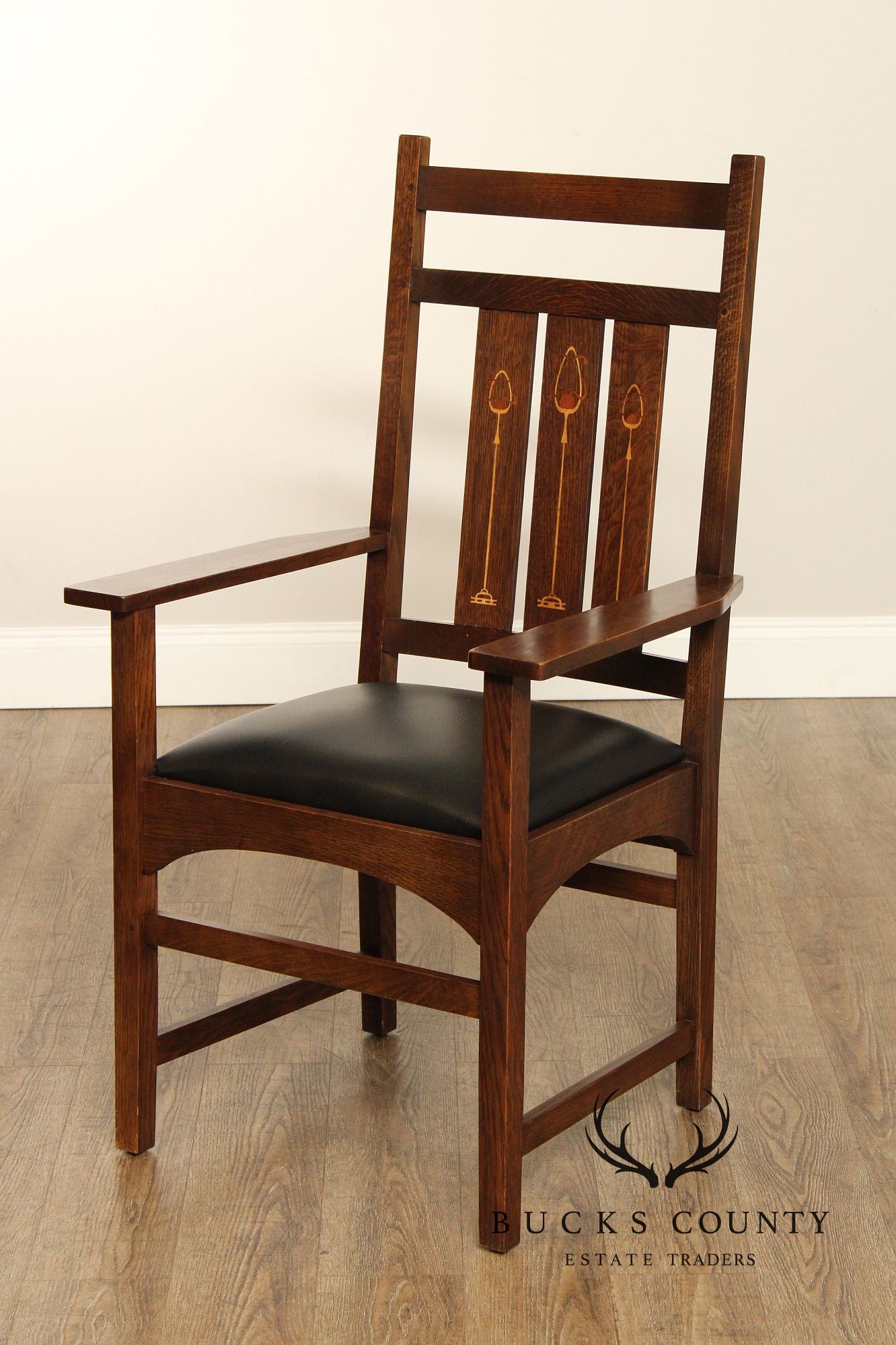 Stickley Mission Collection Set of Four Harvey Ellis Inlaid Oak Dining Chairs