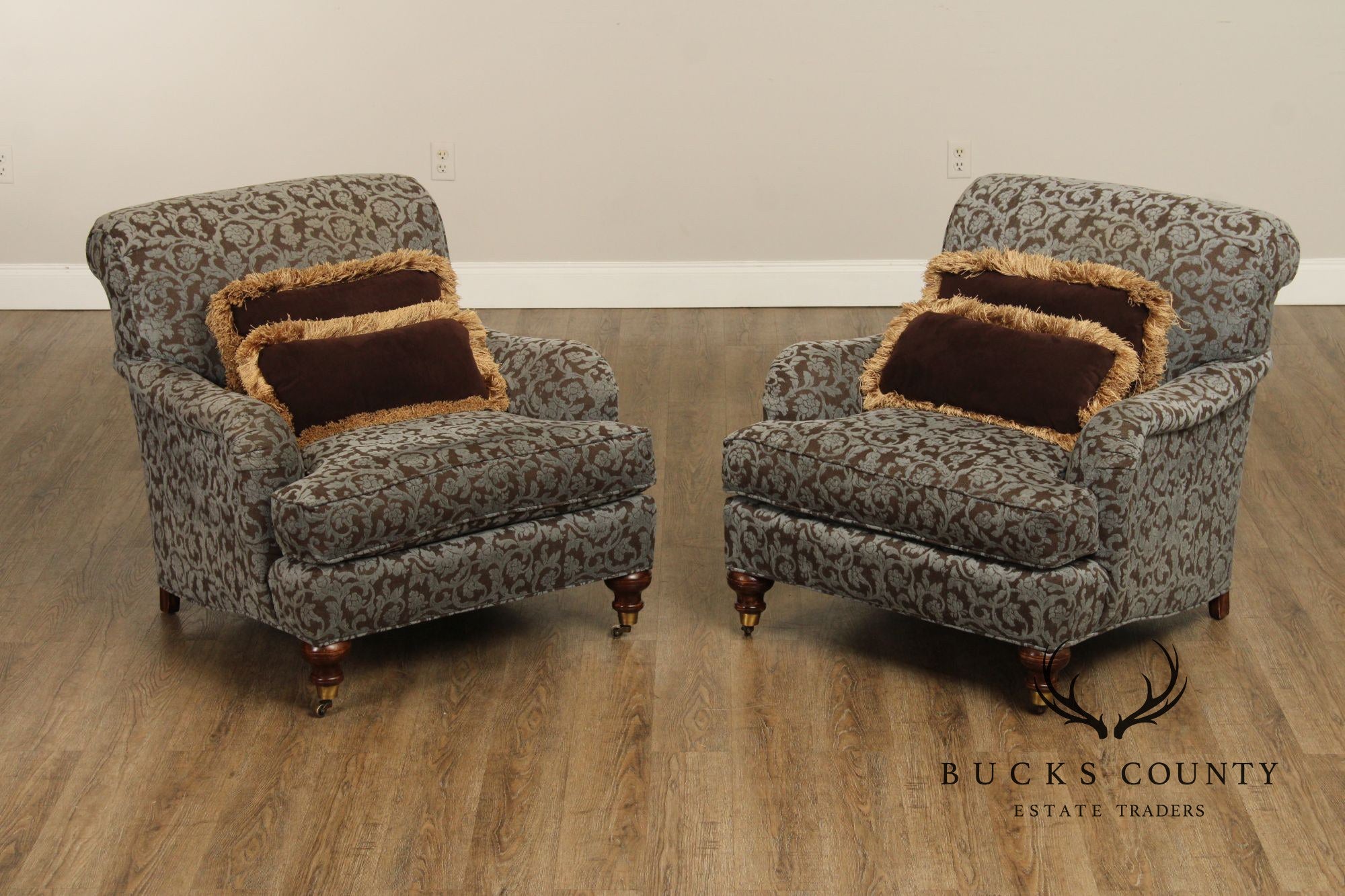 Robert Allen English Traditional Pair of Lounge Chairs and Ottoman