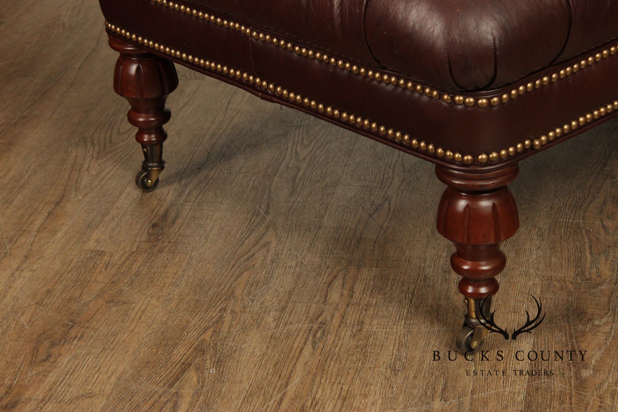 English Regency Style Tufted Leather Cocktail Ottoman On Turned Legs