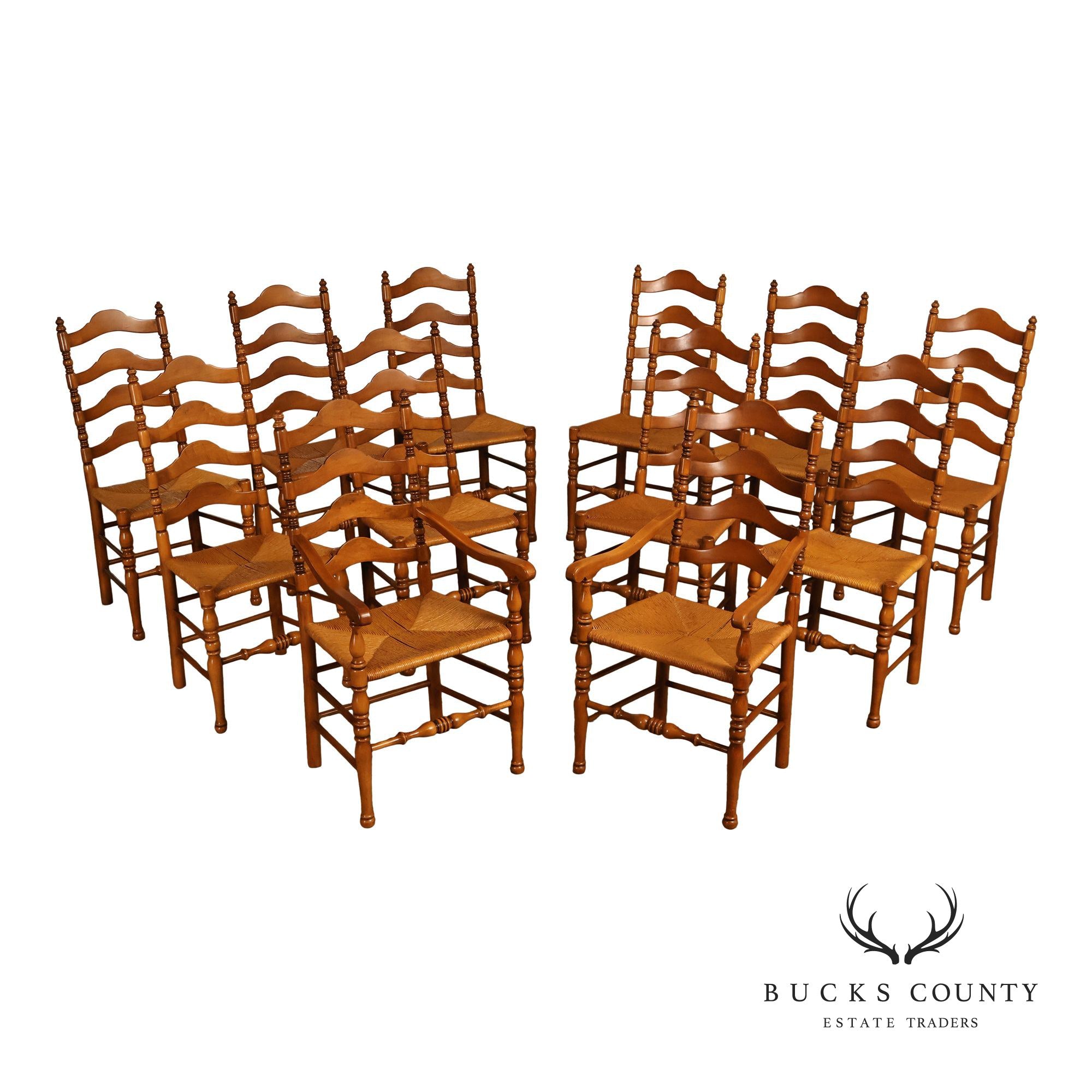 Vintage Set Of 12 Maple Rush Seat Ladderback Dining Chairs