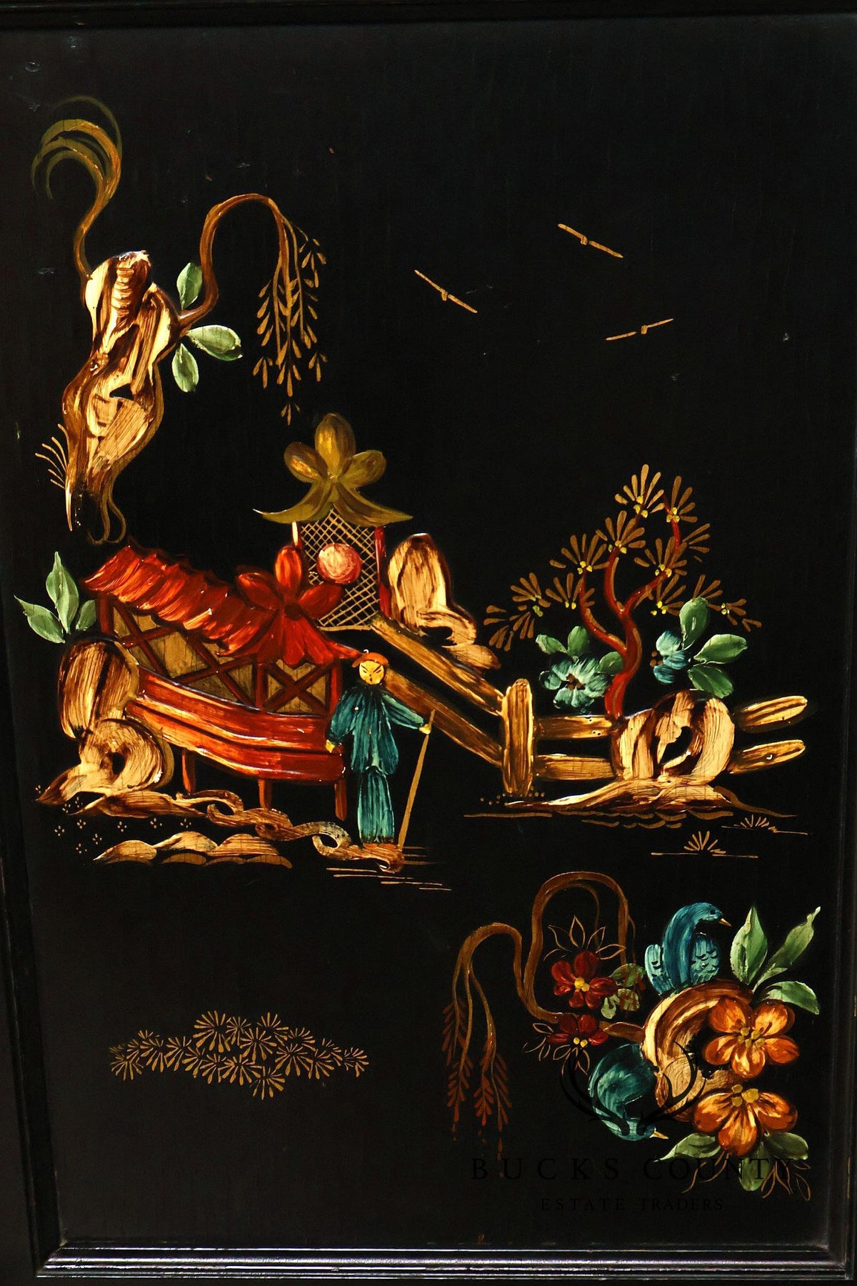 Chinoiserie Style Black Lacquer Hand Painted Sideboard With Hidden Secretary Desk