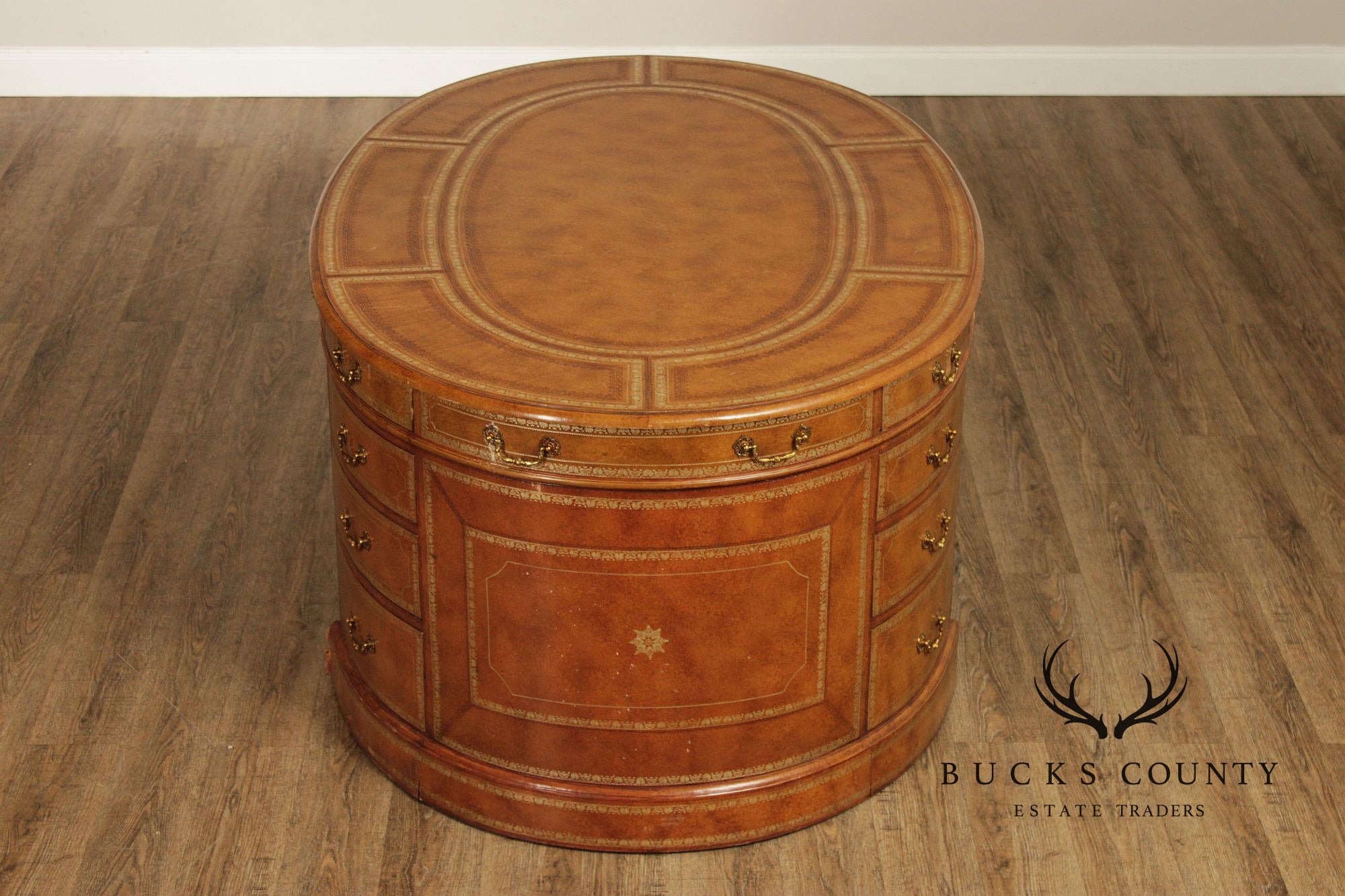 Maitland Smith Leather Wrapped Oval Executive Partners Desk