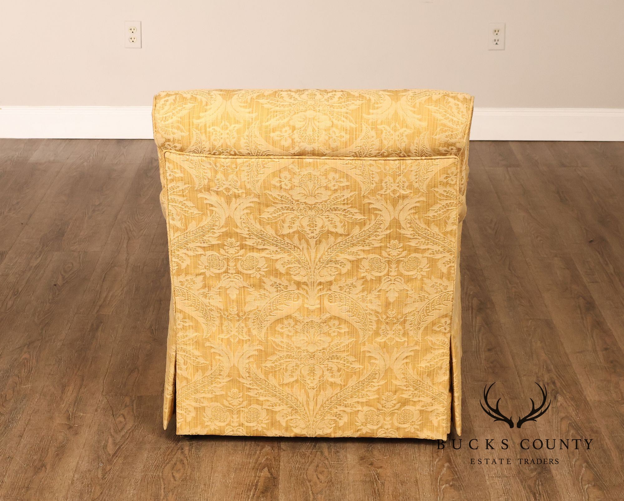 Custom Pair Of Skirted Damask Upholstered Lounge Chairs