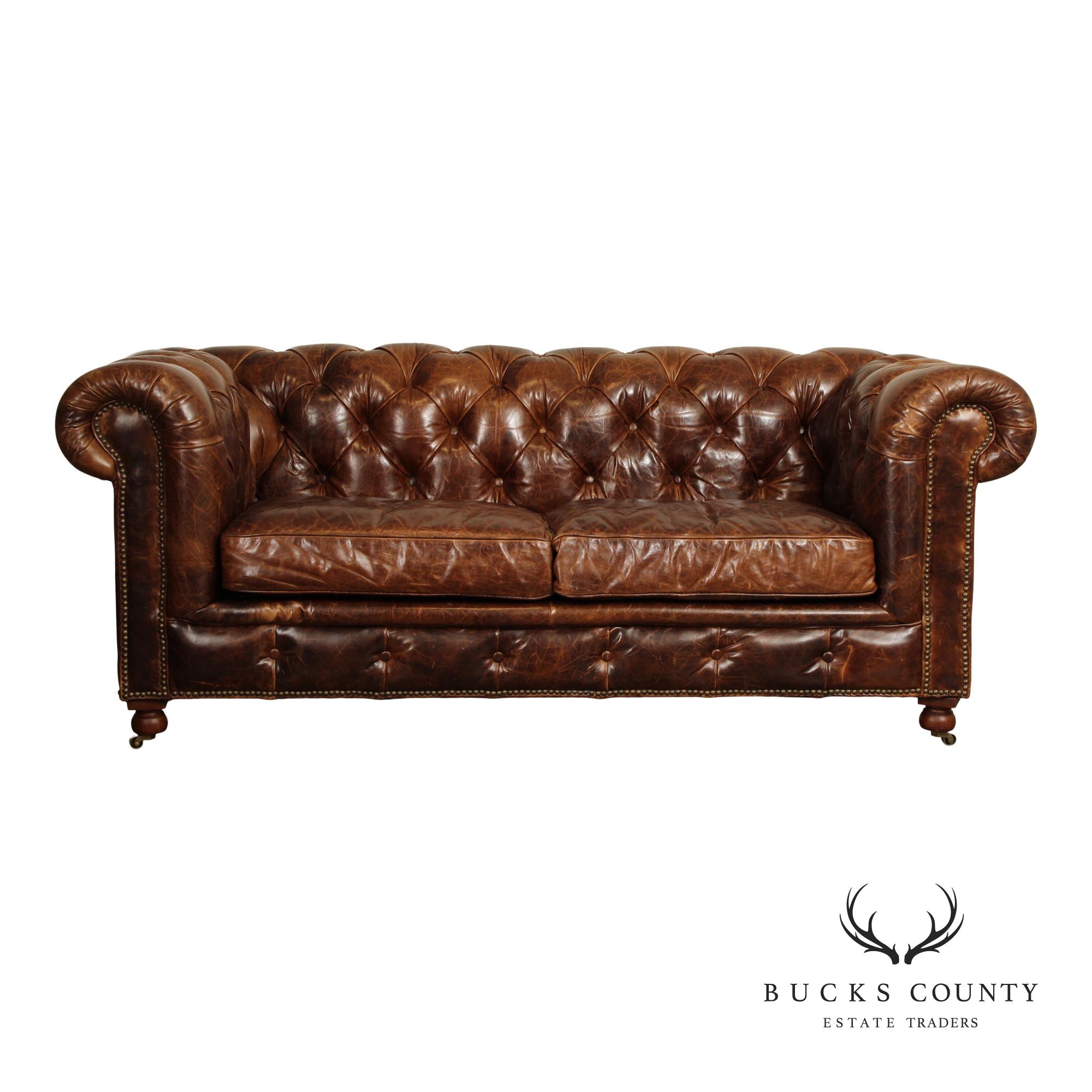 Restoration Hardware Brown Leather 'Kensington' Chesterfield Sofa