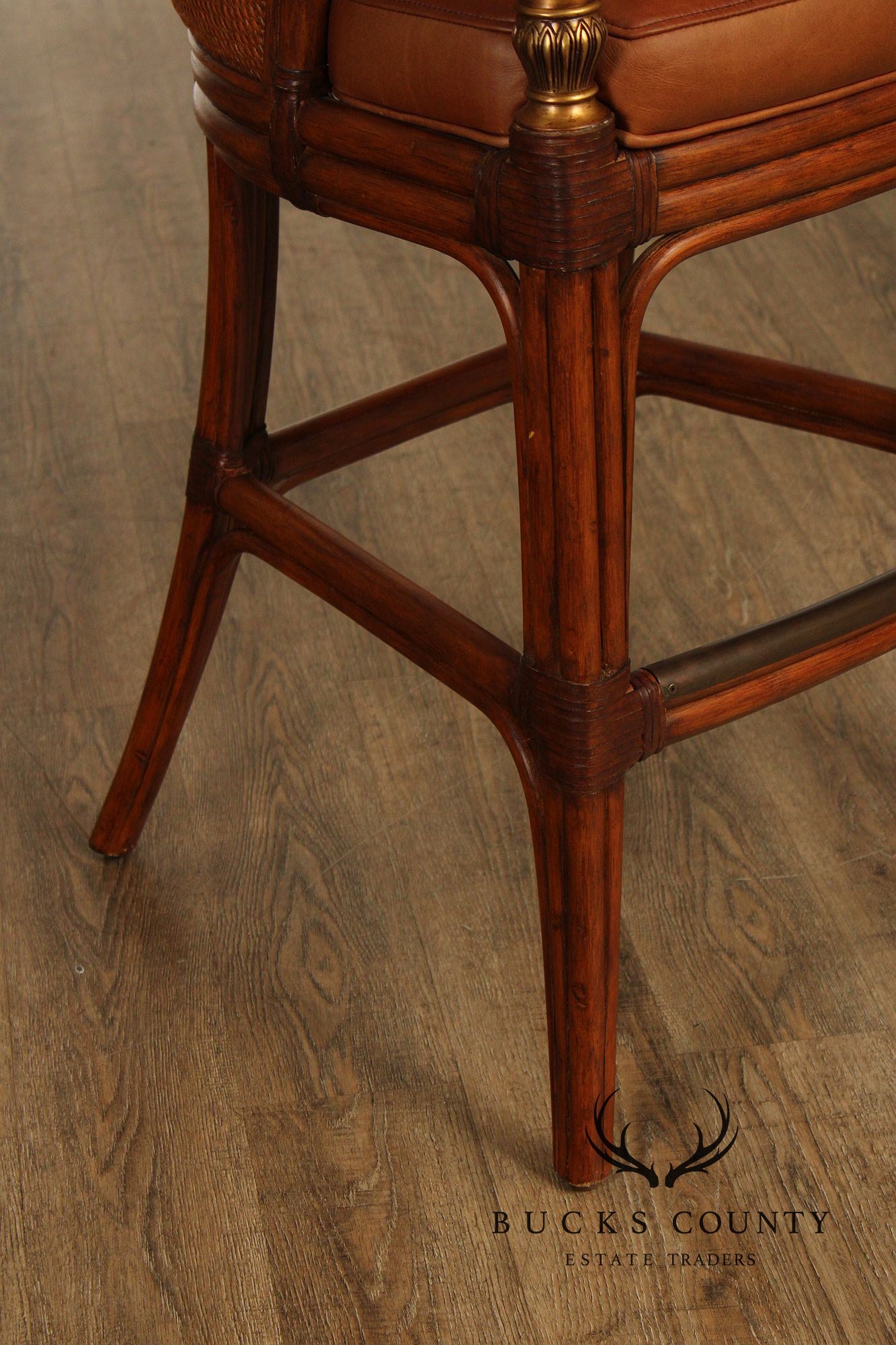 Pair Of Ethan Allen Leather And Rattan Bar Stools