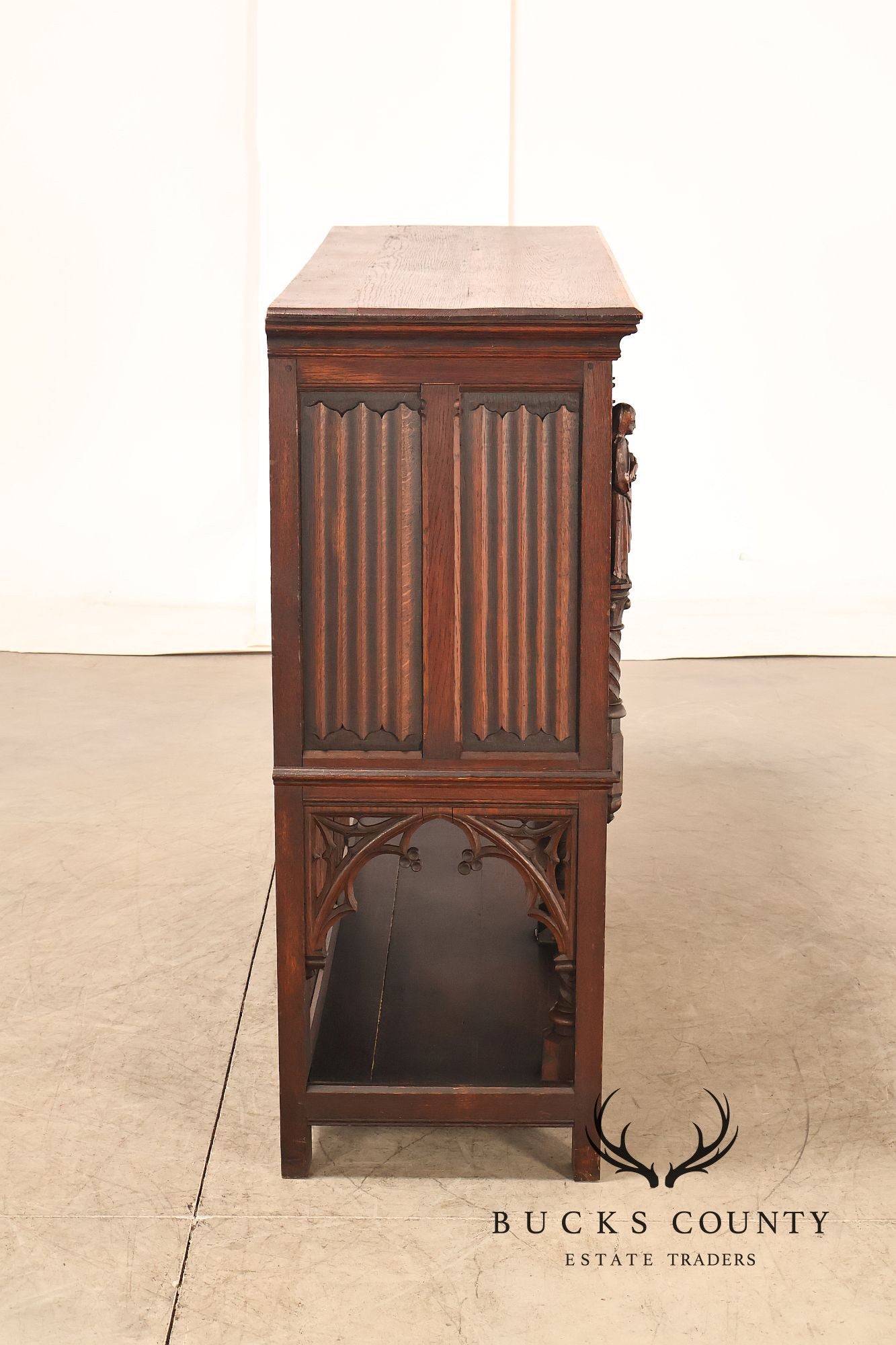 Antique Neo-Gothic Carved Oak Sideboard Server With Figural Panels