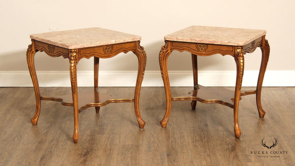 FRENCH LOUIS XV STYLE VINTAGE PAIR MARBLE TOP END TABLES