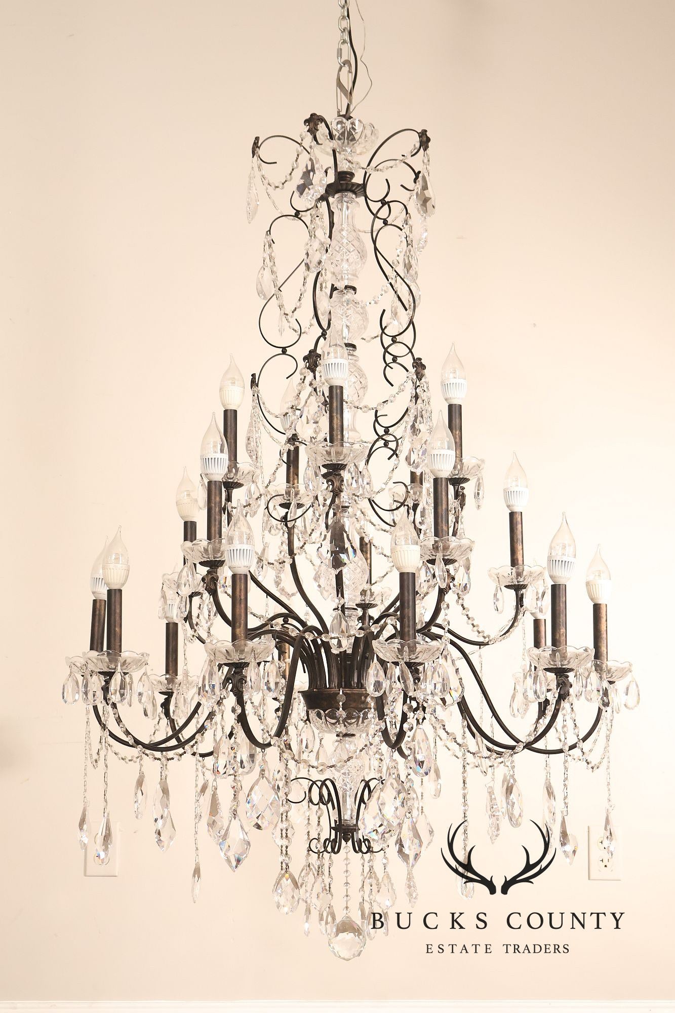 Large Twenty-Light Crystal And Wrought Iron 55" Chandelier