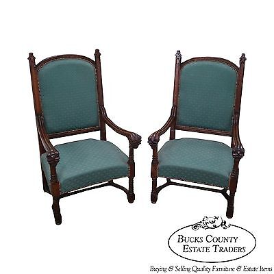 Antique 19th Century Pair of Gothic Oak Throne Arm Chairs