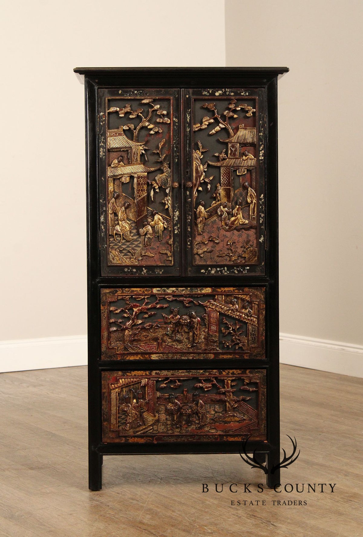 Chinese Export Style Carved Lacquer Cabinet