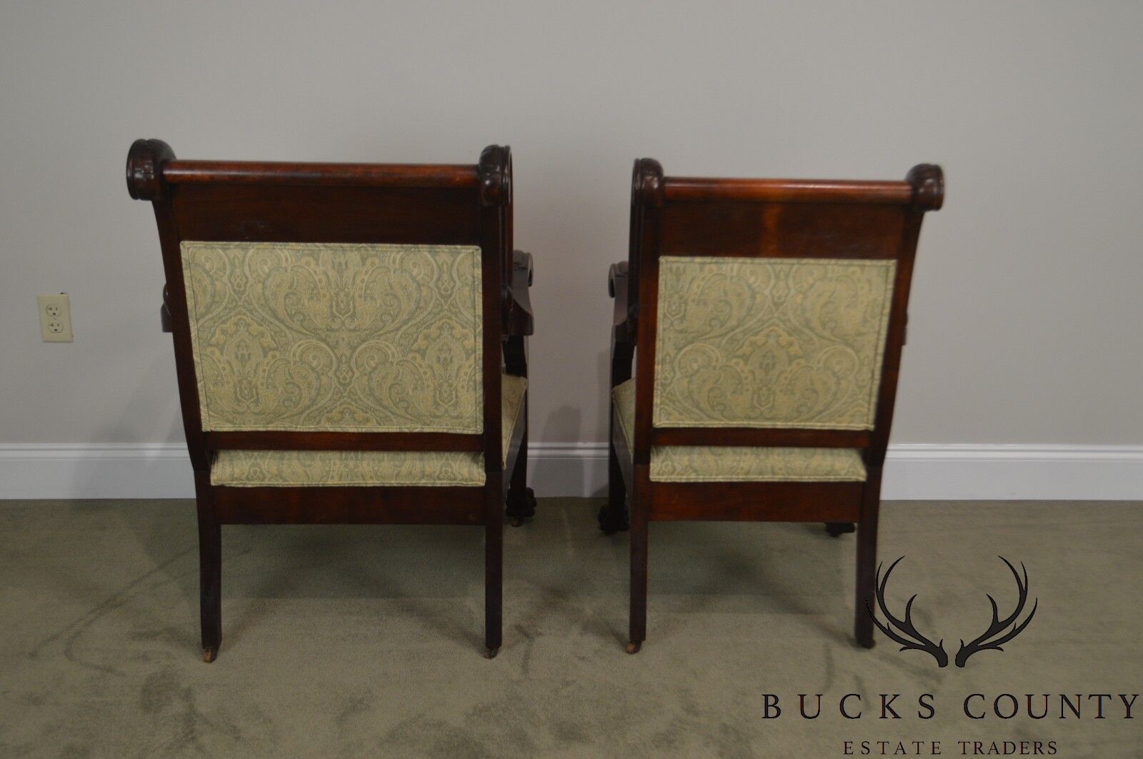 Victorian Renaissance Carved Mahogany Pair of His & Hers Arm Chairs