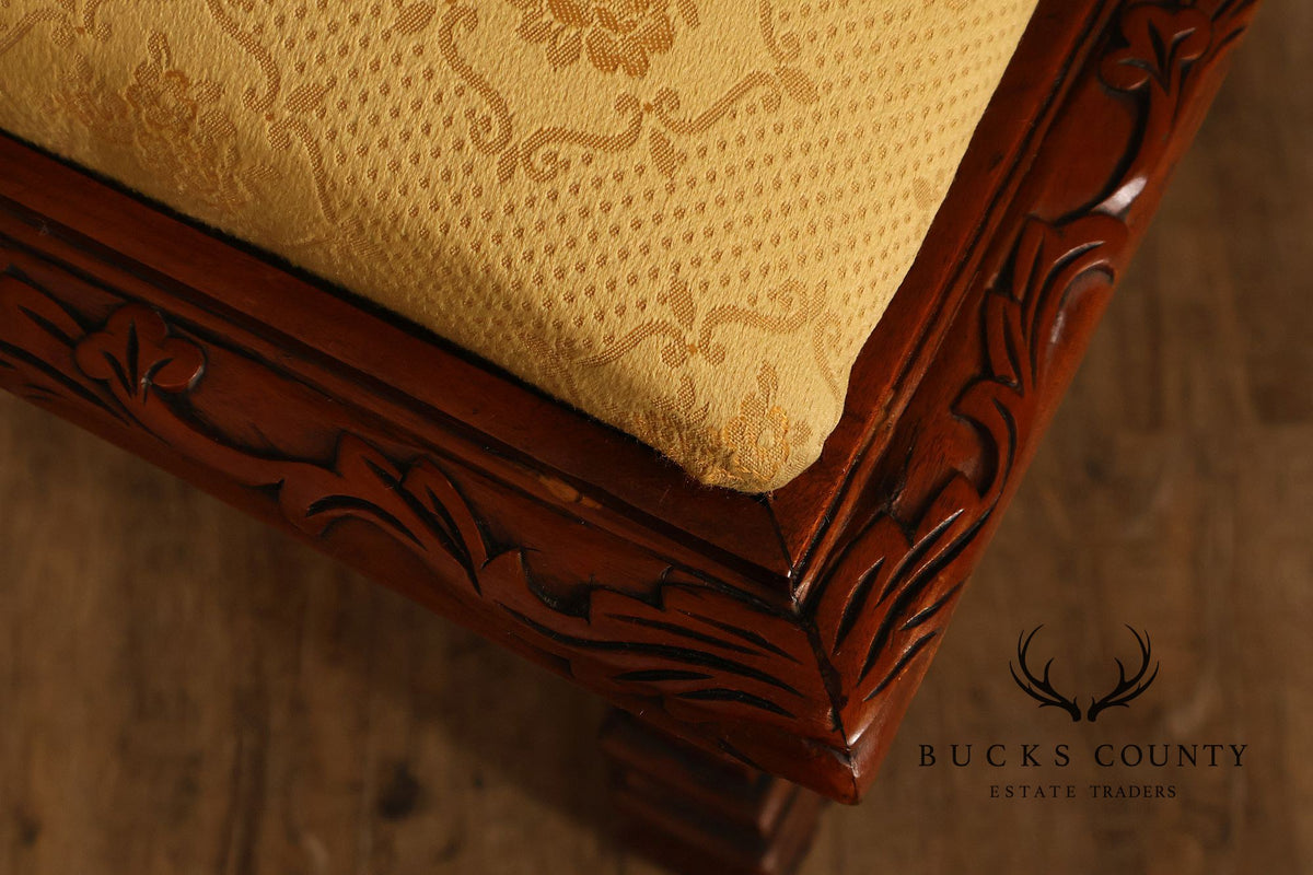 Victorian Style Carved Wood Upholstered Bench