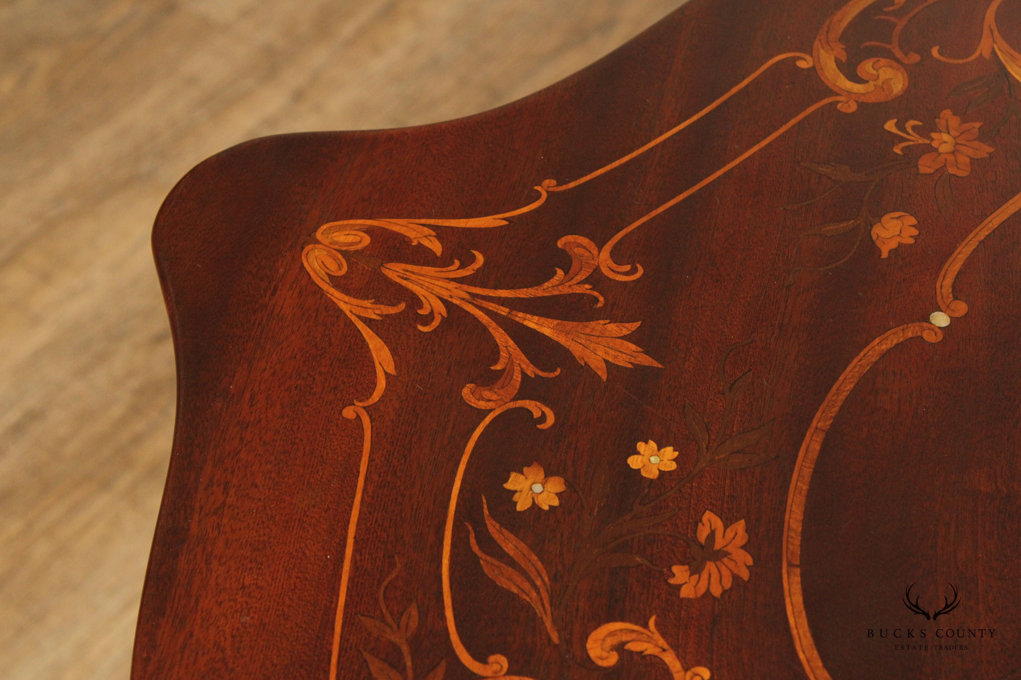 Antique Inlaid Mahogany Center Table With Floral Marquetry And Mother Of Pearl Accents