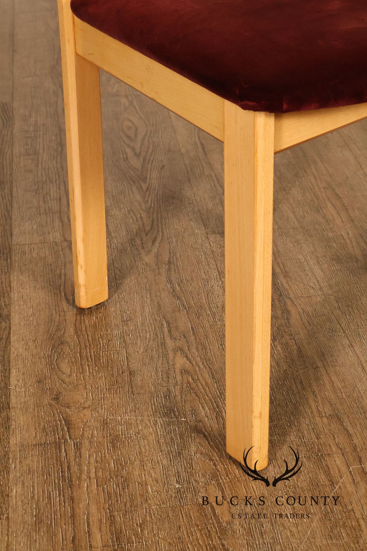 Tonon Set Of Eight Italian Light Wood Modern Dining Chairs With Burgundy Upholstery