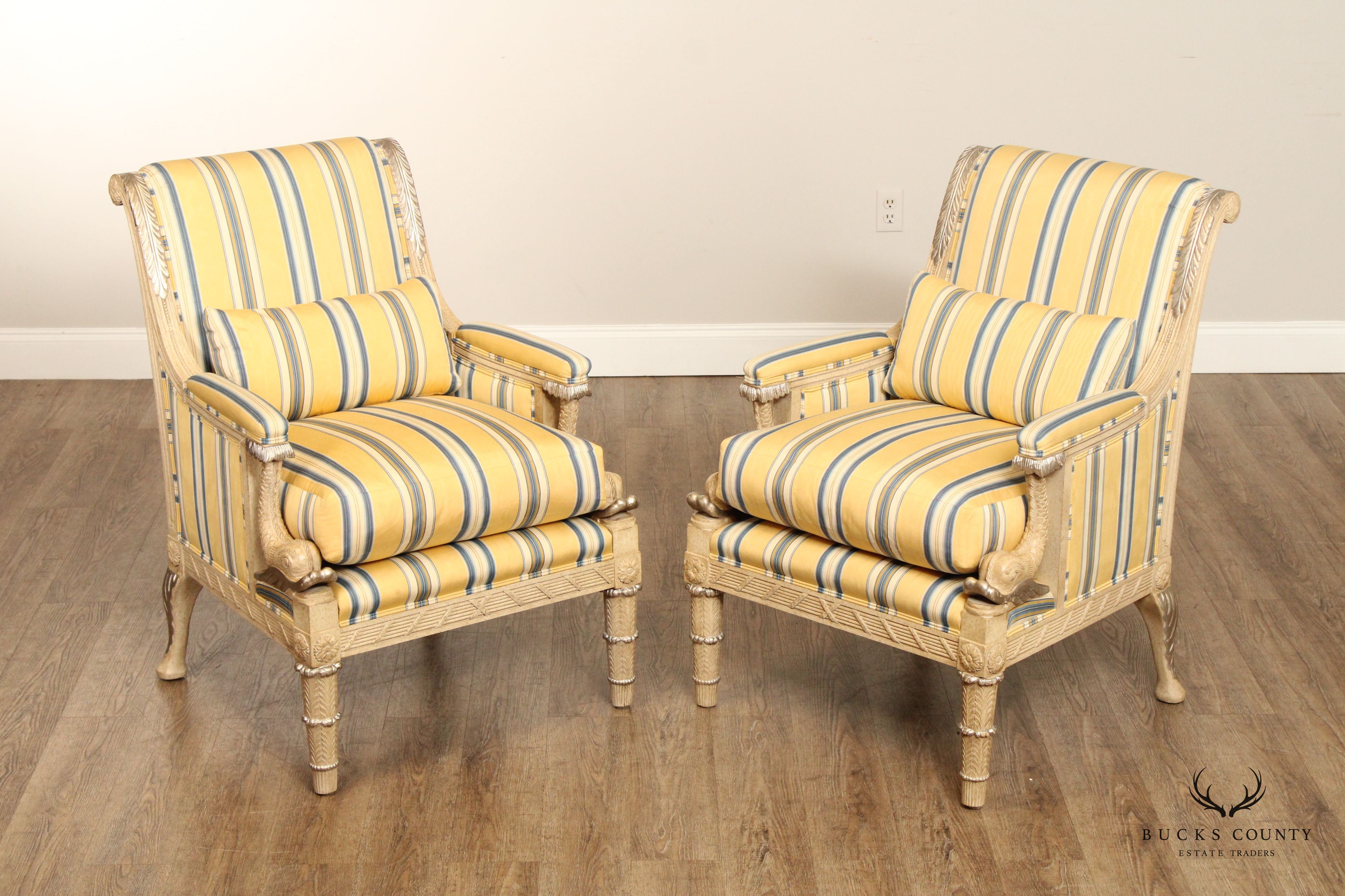 Marge Carson French Empire Style Pair of Painted Lounge Chairs