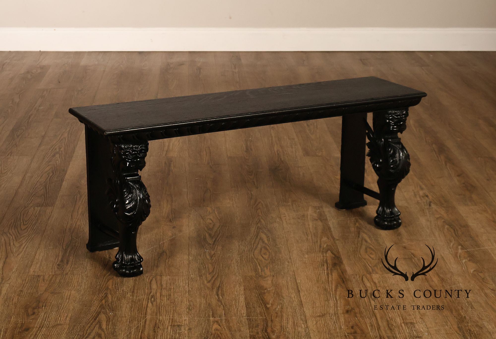 Antique Renaissance Revival Ebonized Oak Carved Griffin Bench