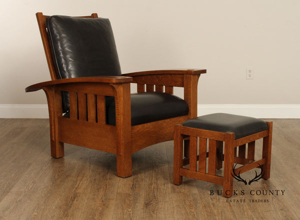 Stickley Mission Collection Oak Bow Arm Morris Chair and Ottoman