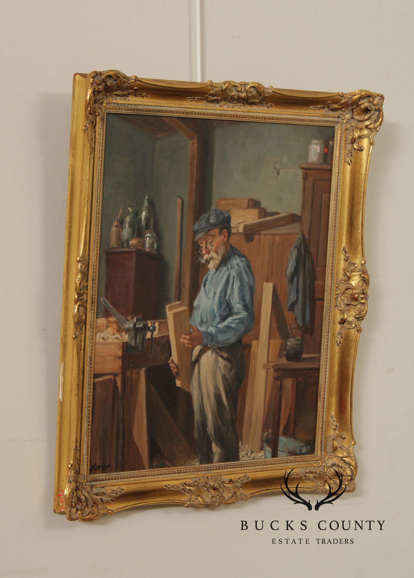 Genre Style Signed Oil Painting, The Carpenter