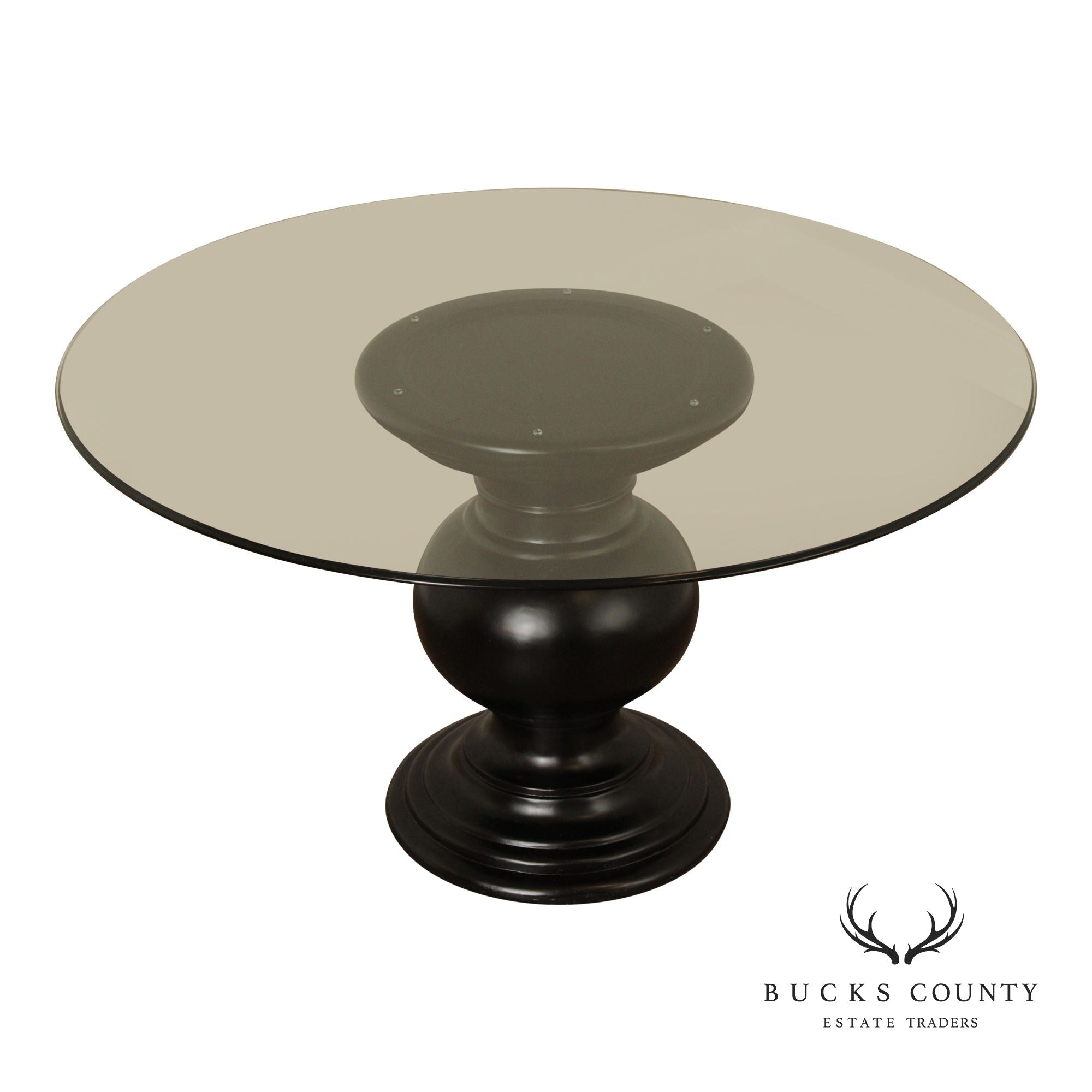 Contemporary Round Glass Top Ebonized Pedestal Dining Table